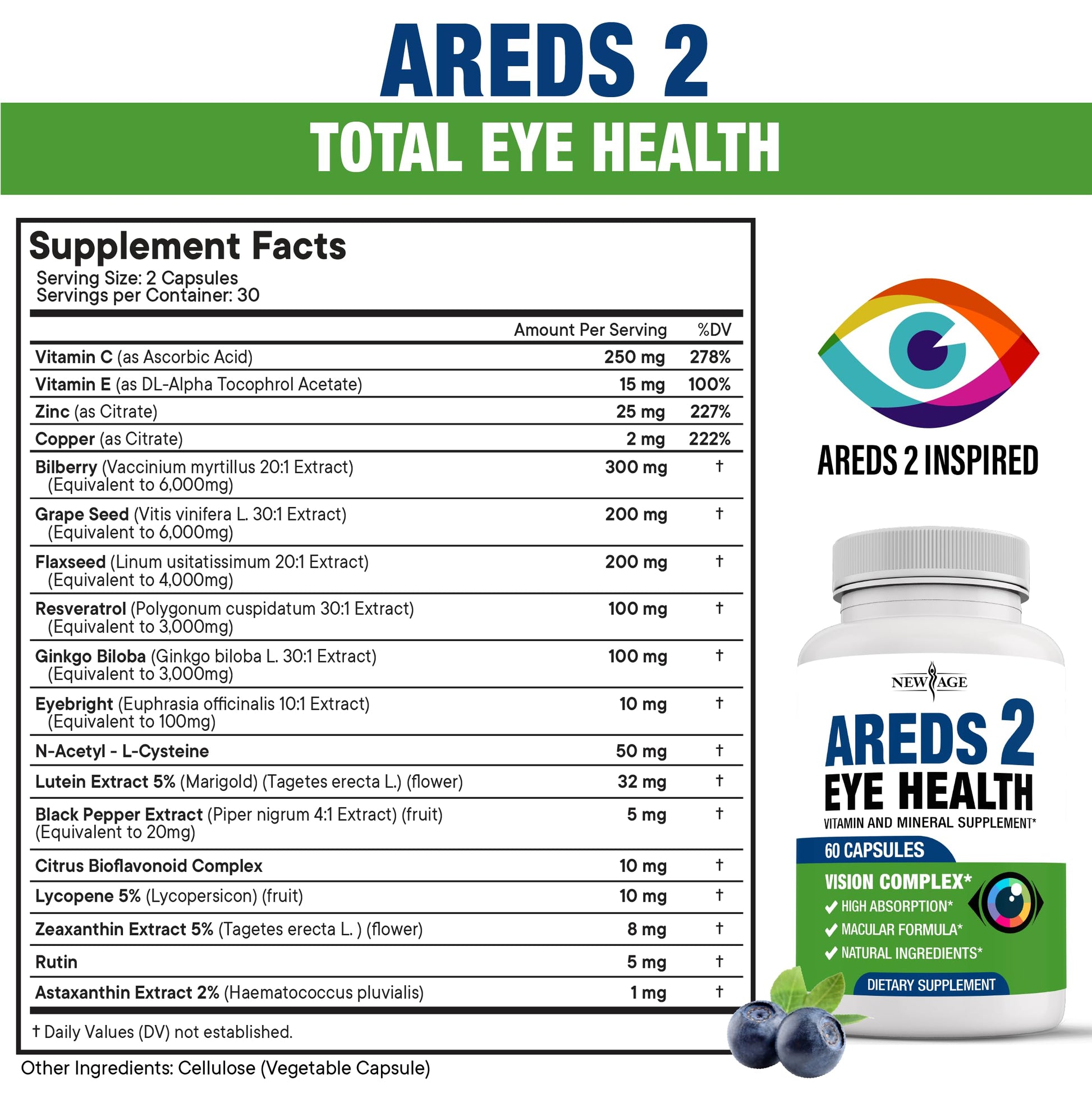 NEW AGE AREDS 2 Eye Vitamins - Lutein, Zeaxanthin, Bilberry, Astaxanthin Mineral Vision Supplement - 180 Count NEW AGE Au supplements