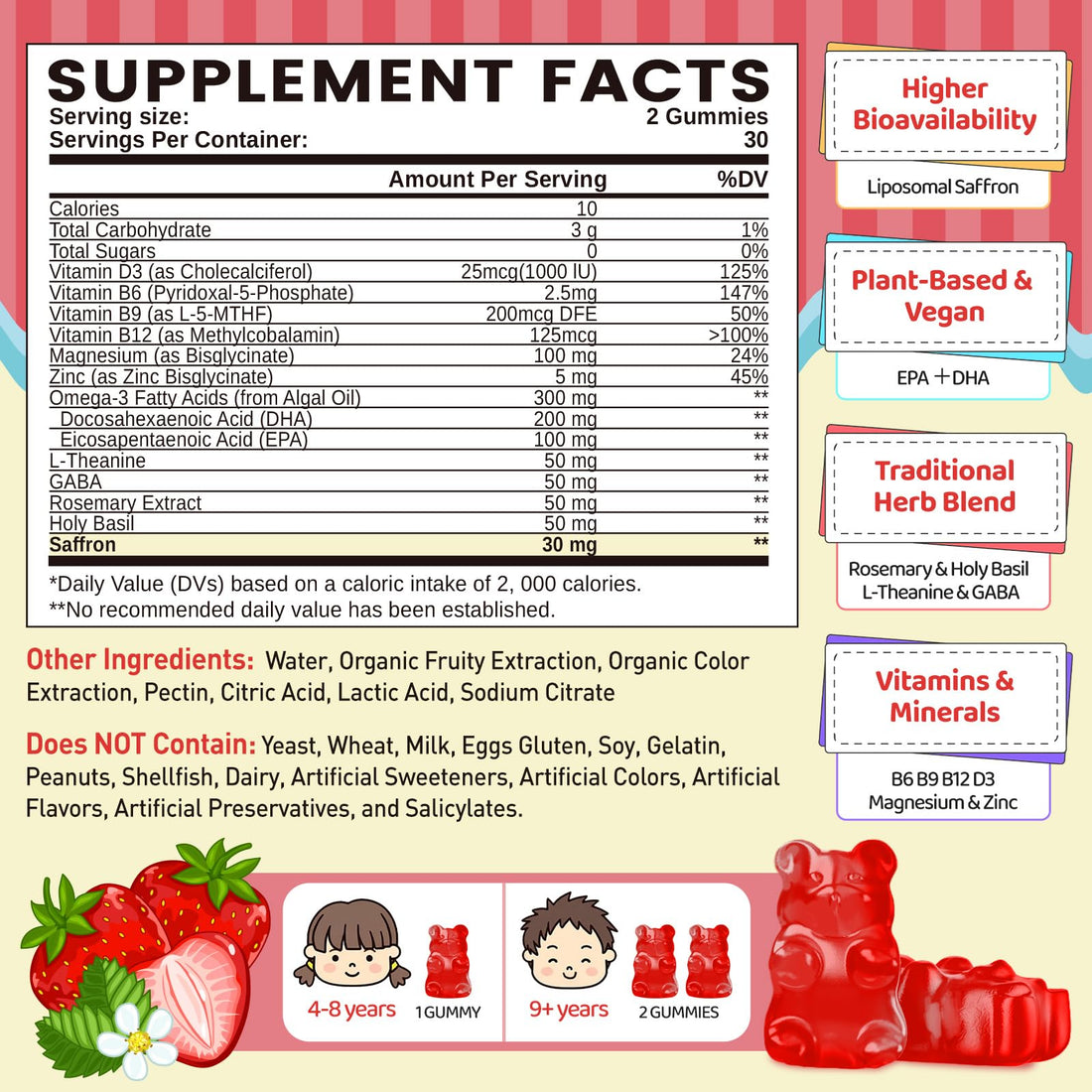 Liposomal Saffron Gummies for Kids 4+, Saffron Supplements w/Holy Basil, Rosemary, Magnesium Glycinate, Omega-3 & More, Brain Focus Support Supplement, Vegan, Organic, Sugar Free, 60 Chewables duwhot Au supplements