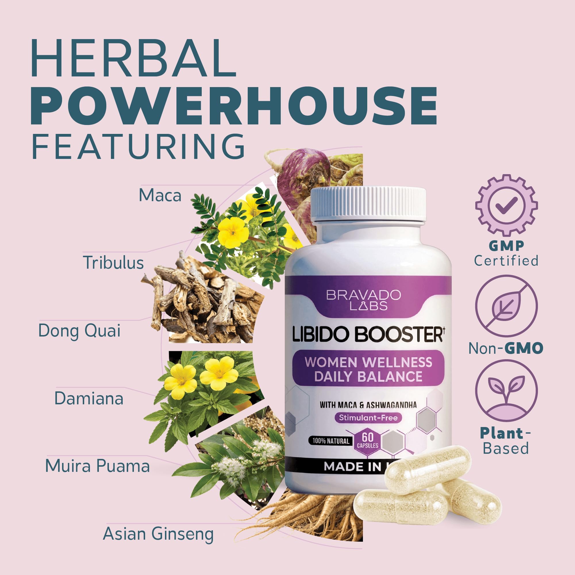 Female Libido Booster for Women – Advanced Women’s Intimacy & Confidence Support – Plant-Based Herbal Blend with Maca, Ginseng & L-Arginine – Made in USA – 60 Capsules Bravado Labs Au supplements