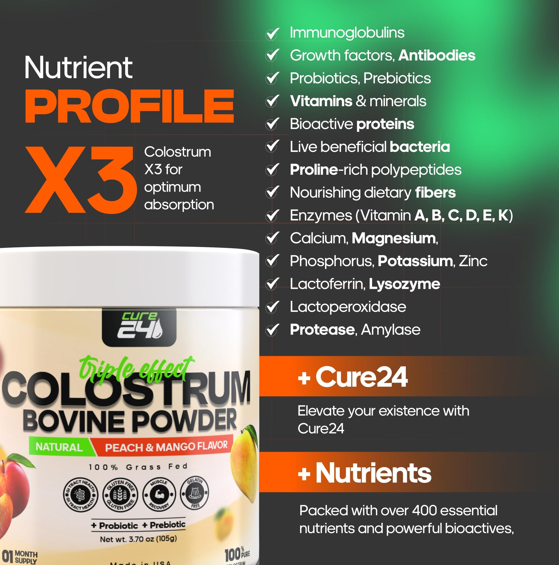 Cure24 Bovine X3 Colostrum Supplement Powder for Humans, 100% Pure Whole Natural Grass Fed Superfood, High IgG, Plus Probiotic & Prebiotic, Natural Peach-Mango Flavor, Made in USA Cure24 Au supplements