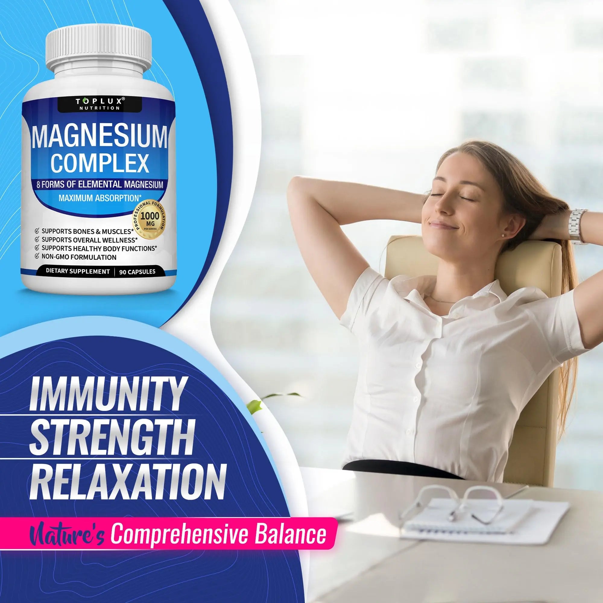 Magnesium Complex Supplement 8 Elemental 1000mg - Magnesium Glycinate, Citrate, Malate, Taurate, Chelated for Easy Absorption for Bones, Muscle, Recovery, Energy, Vegan Non-GMO 90 Capsules Toplux Au supplements