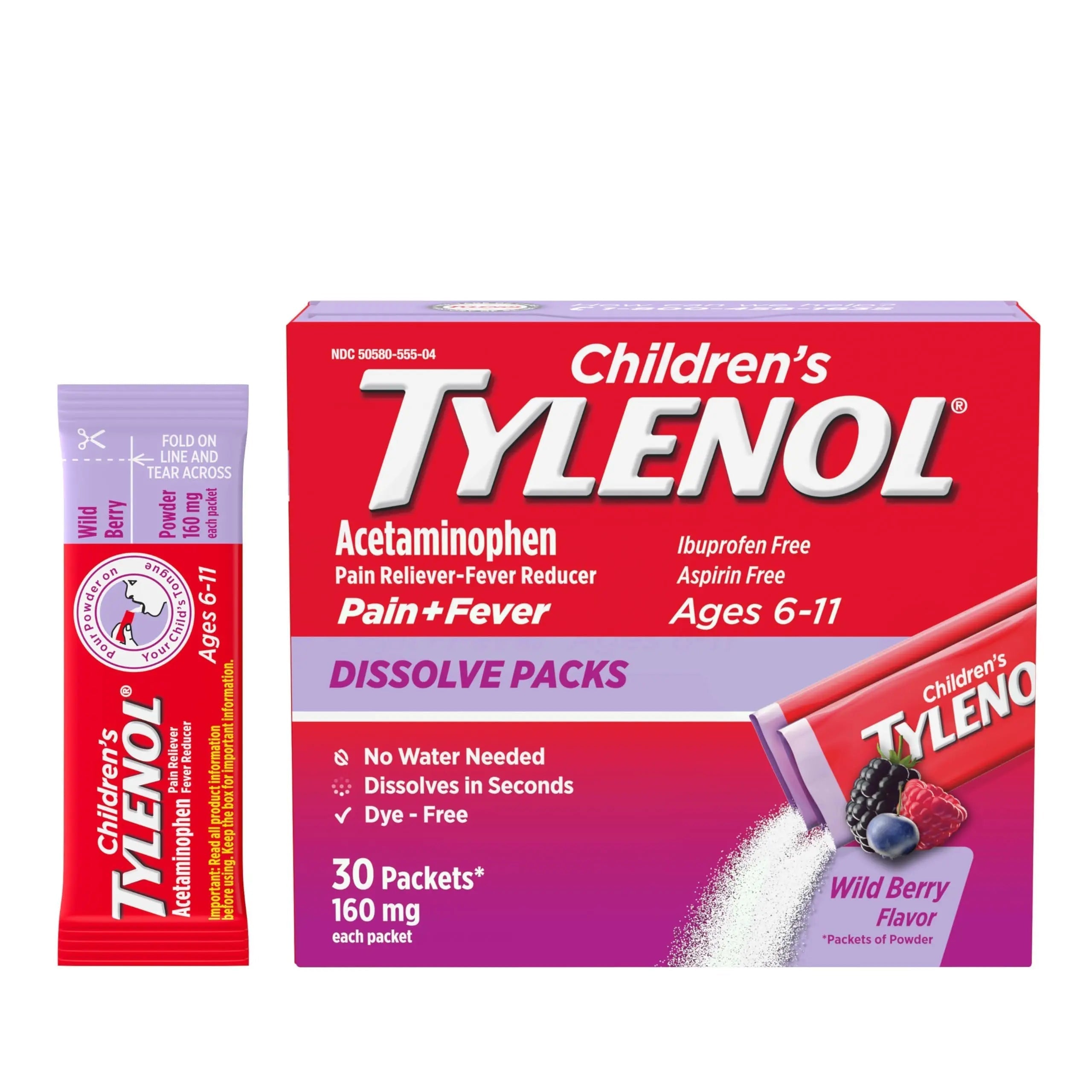 Children's Tylenol Dissolve Packs for Pain Relief, Fever Medication, 160 mg Acetaminophen, Dye Free, Kids' Powder Packets for Cold & Flu Symptom Relief; Wild Berry Flavor, 30 ct.; Pack of 1 Tylenol Au supplements