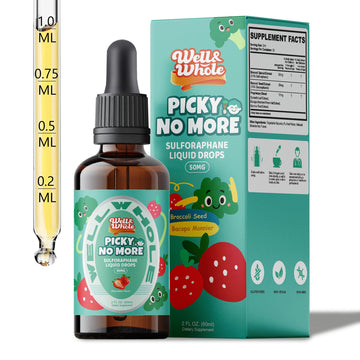 Well&Whole Sulforaphane Kids Liquid Supplement – Pick No More Broccoli Sprout Extract Drops, Hidden Greens for Picky Eaters, Daily Nutrition Support, Sugar-Free, Vegan, 60mL Well&Whole Au supplements