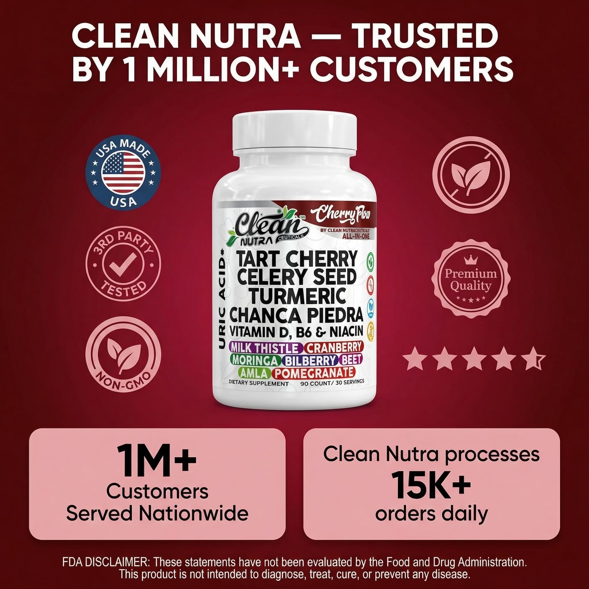 Cherry Flow Tart Cherry Capsules Uric Acid Support Celery Seed Turmeric Chanca Piedra Vitamin D Vitamin B6 Niacin Milk Thistle Moringa Extract Pomegranate Beets 90 Count By Clean Nutra Clean Nutraceuticals Au supplements