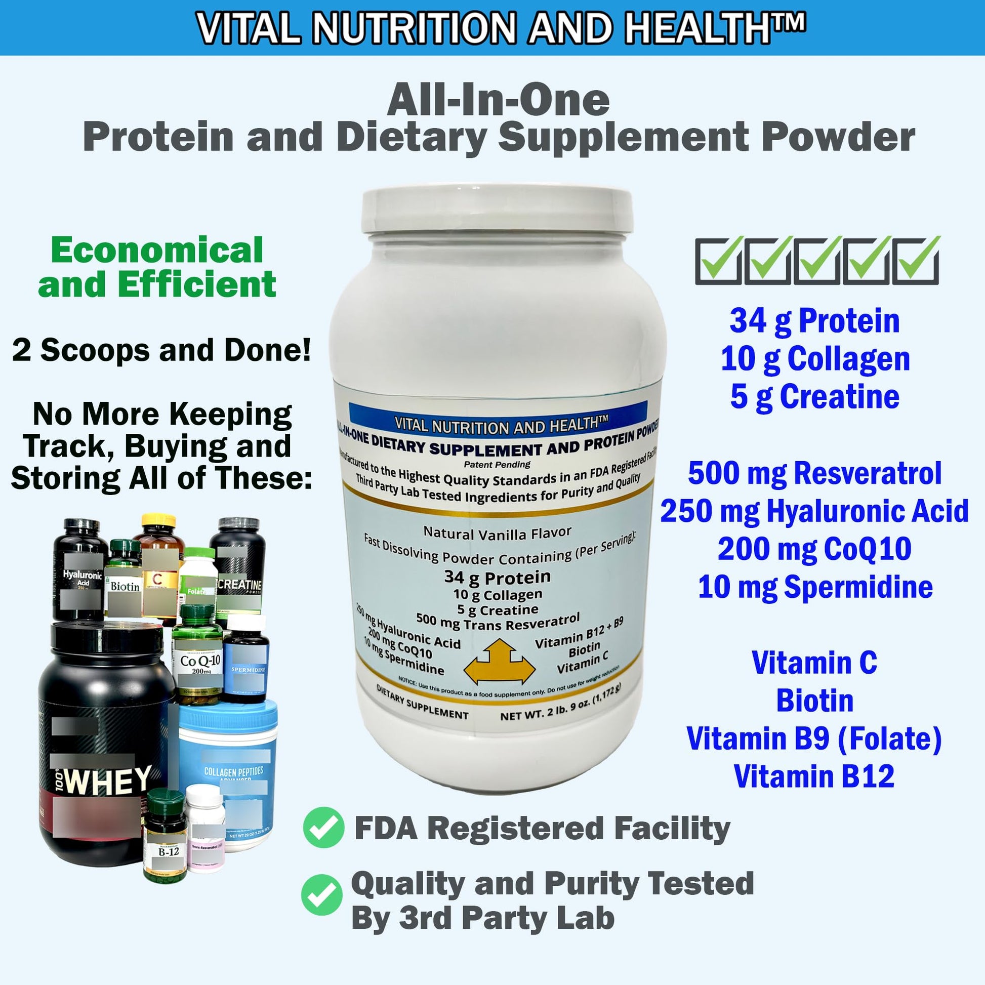 Vital Nutrition and Health All-in-One Powder: Protein, Collagen, Creatine, Resveratrol, Spermidine, Hyaluronic Acid, CoQ10 + Key Vitamins Vital Nutrition and Health Au supplements