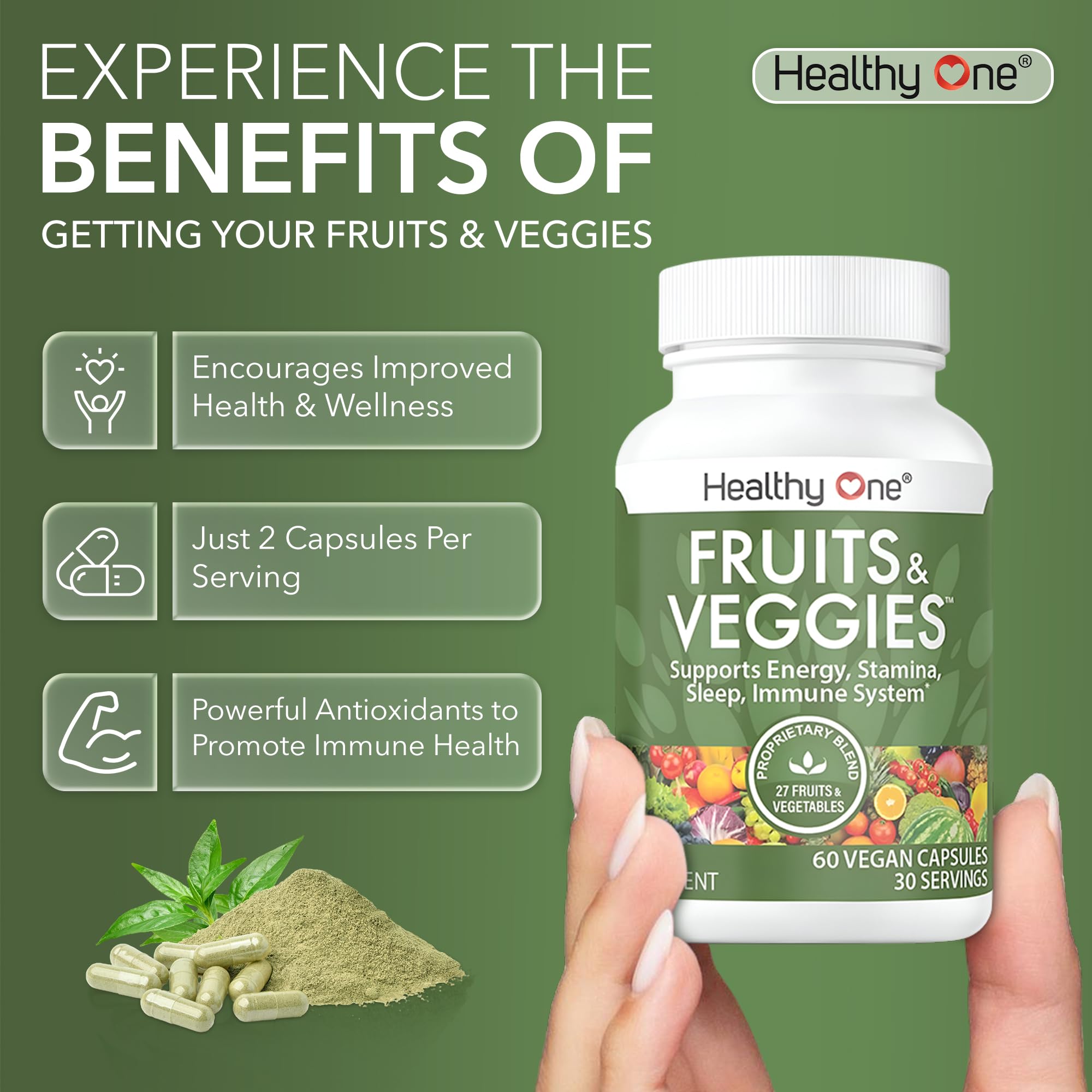 Fruits & Veggies Formula - 27 Premium Whole Foods - Organic Ingredients - Equals 3 Servings of Fruits & Vegetables - Improve Energy, Focus & Immune Function - Fiber - Antioxidants - 150ct (75 Serv) Healthy One Au supplements