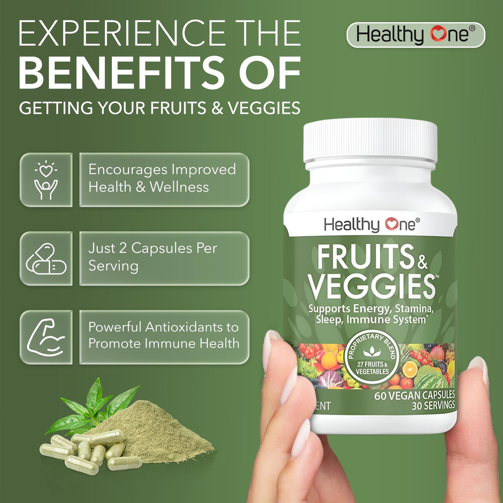 Fruits & Veggies Formula - 27 Premium Whole Foods - Organic Ingredients - Equals 3 Servings of Fruits & Vegetables - Improve Energy, Focus & Immune Function - Fiber - Antioxidants - 120ct (60 Serv) Healthy One Au supplements