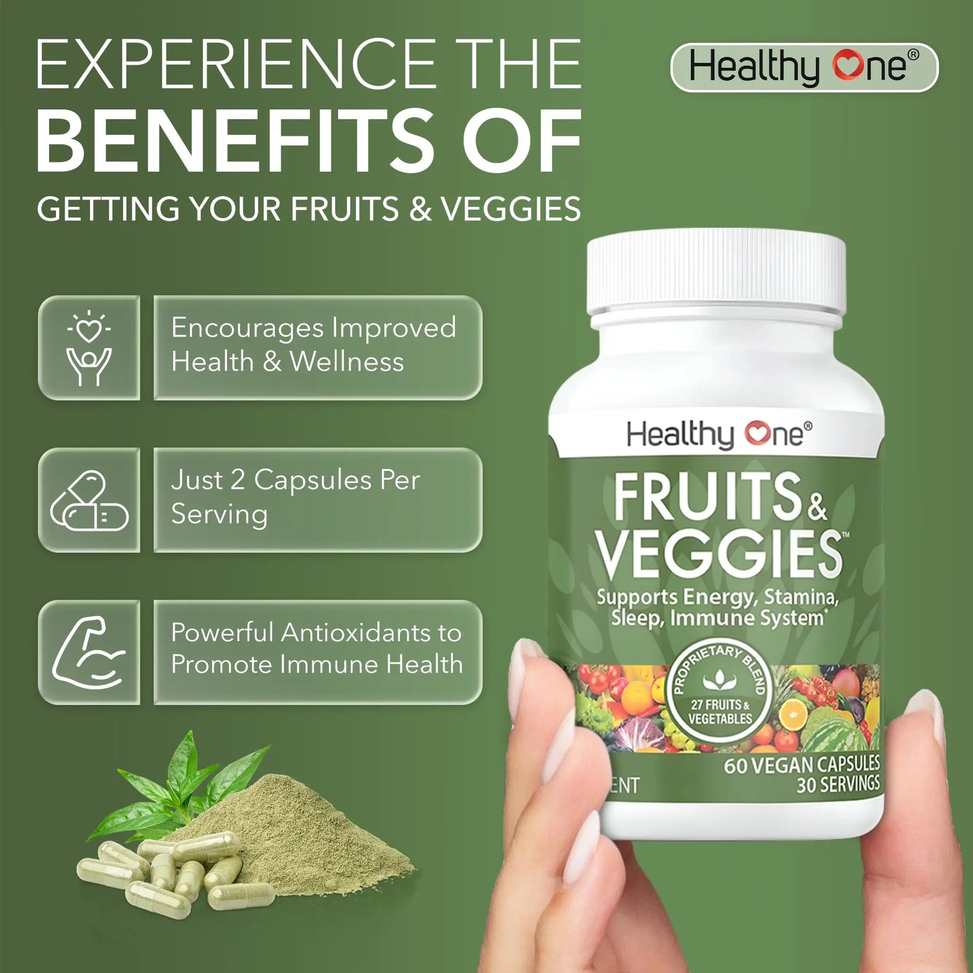 Fruits & Veggies Formula - 27 Premium Whole Foods - Organic Ingredients - Equals 3 Servings of Fruits & Vegetables - Improve Energy, Focus & Immune Function - Fiber - Antioxidants - 120ct (60 Serv) Healthy One Au supplements