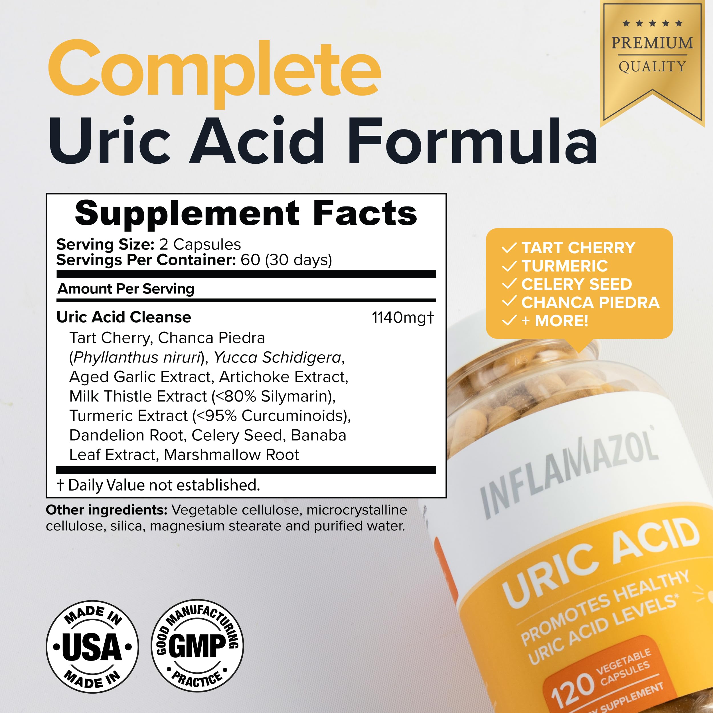 Inflamazol Uric Acid Cleanse – Premium Uric Acid Flush with Tart Cherry, Turmeric & Celery Seed for Joint & Uric Acid Support – Joint Supplements for Men & Women – 120 Capsules Inflamazol Au supplements