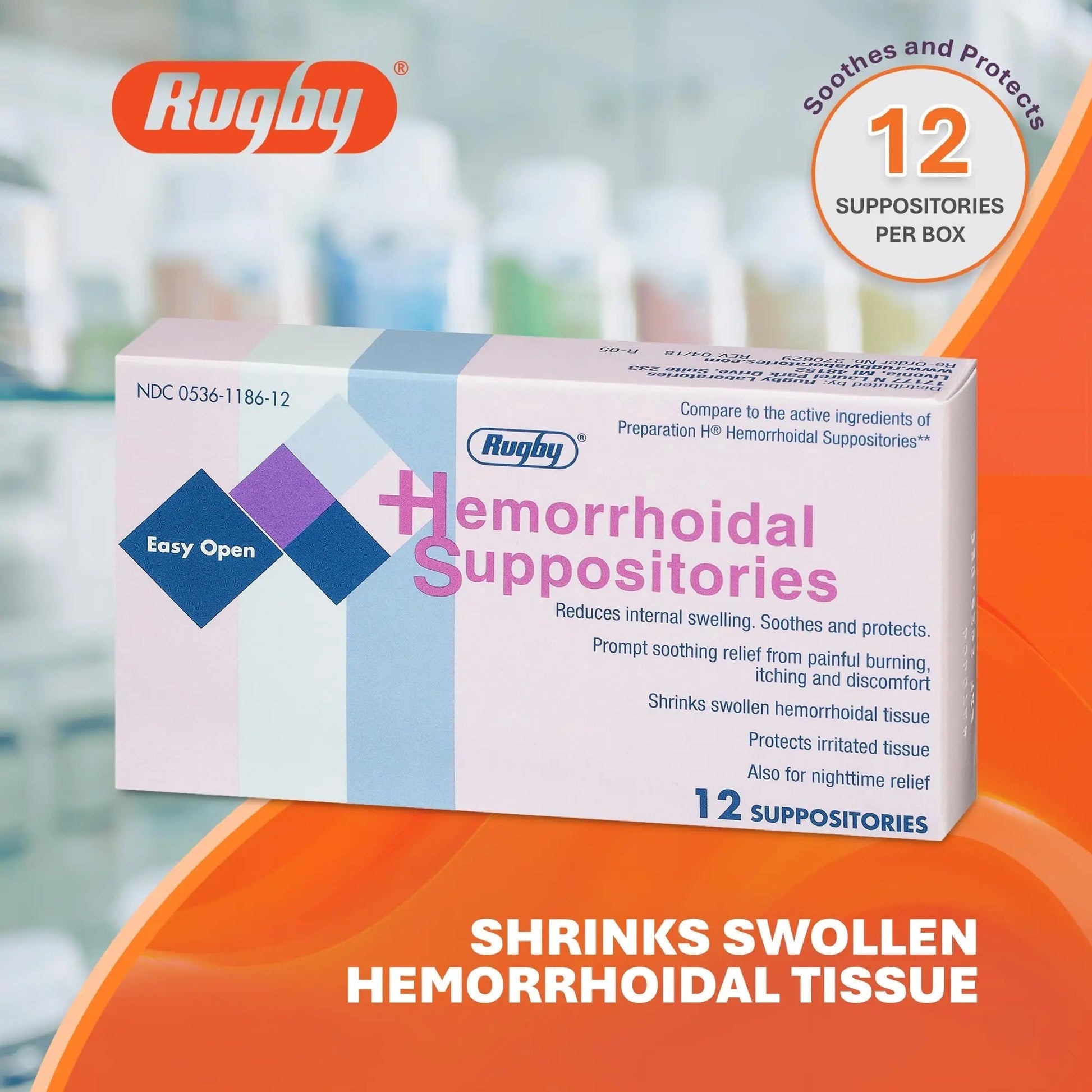Rugby Hemorrhoidal Suppositories - Soothing and Shrinking Action for Internal Hemorrhoids with Cocoa Butter and Phenylephrine HCl, Easy Open Design - 12 Count RUGBY LABORATORIES Au supplements