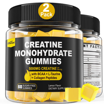 Creatine Monohydrate Gummies for Men & Women - with BCAA, Collagen Peptides, L-Taurine, Vitamin B12, D3, Chewables Creatine Monohydrate 5g Per Serving, Natural Lemon Flavor, Sugar Free, 2 Pack EnvyCure Au supplements