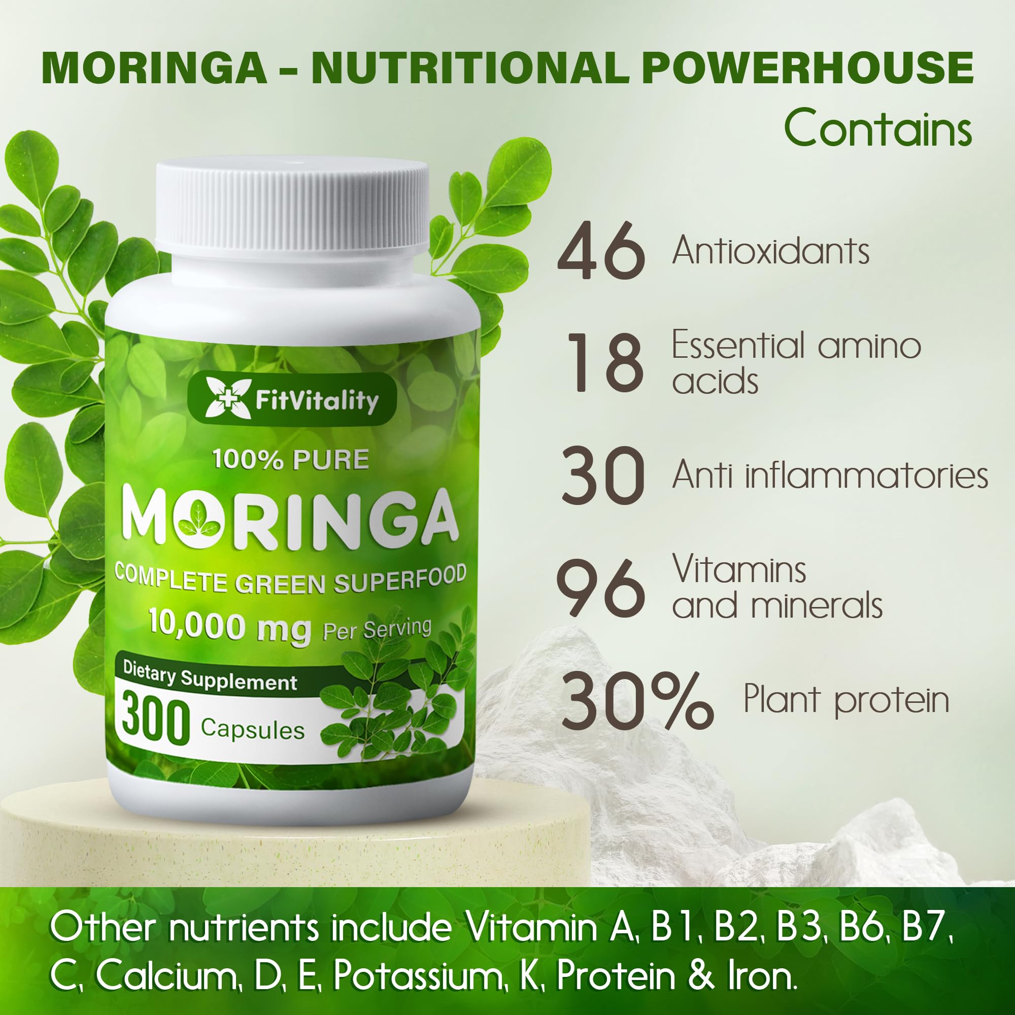 Moringa Capsules| Moringa Oleifera |10,000mg| 300 Capsules| 100% Pure| Non-GMO FitVitality Au supplements