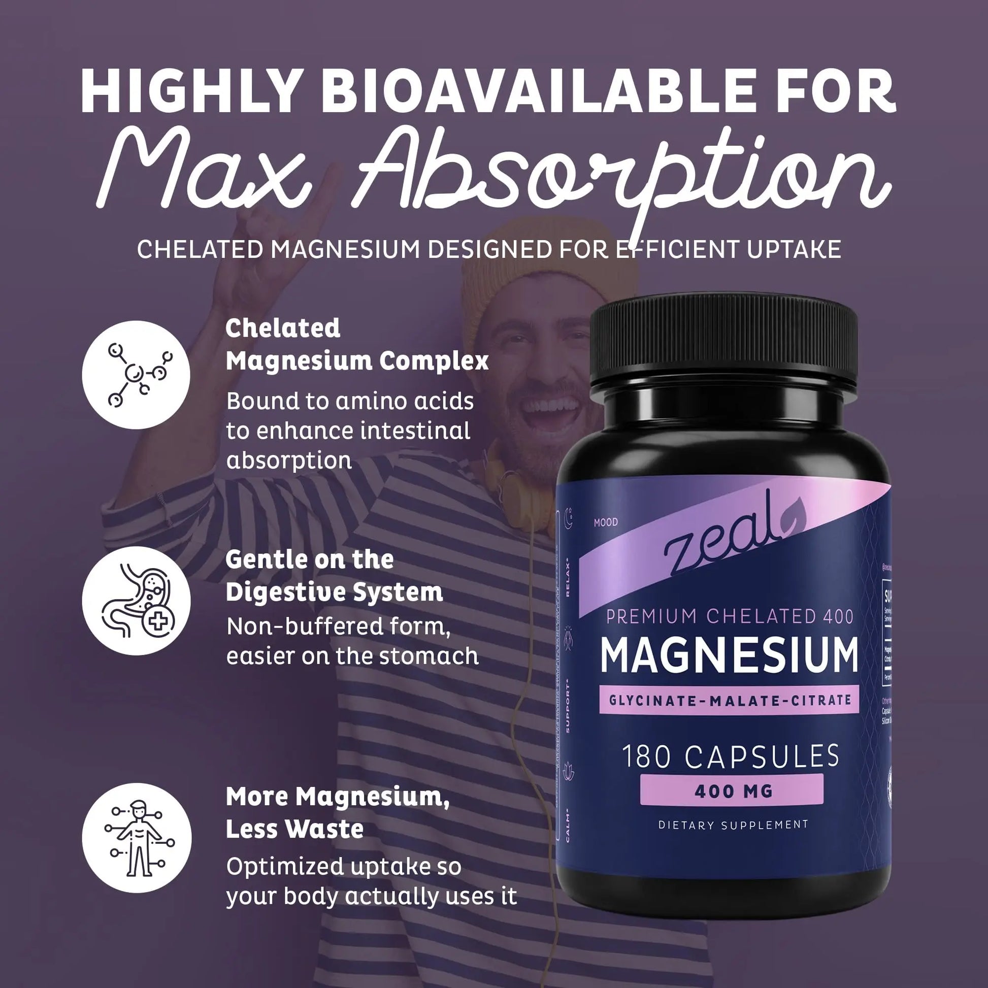 Zeal Naturals Triple Magnesium Complex Supplement - Glycinate, Malate, Citrate | 400mg, 180 Capsules | High Absorption Chelated Magnesium for Sleep, Mood, Muscle Recovery, Relaxation Zeal Naturals Au supplements