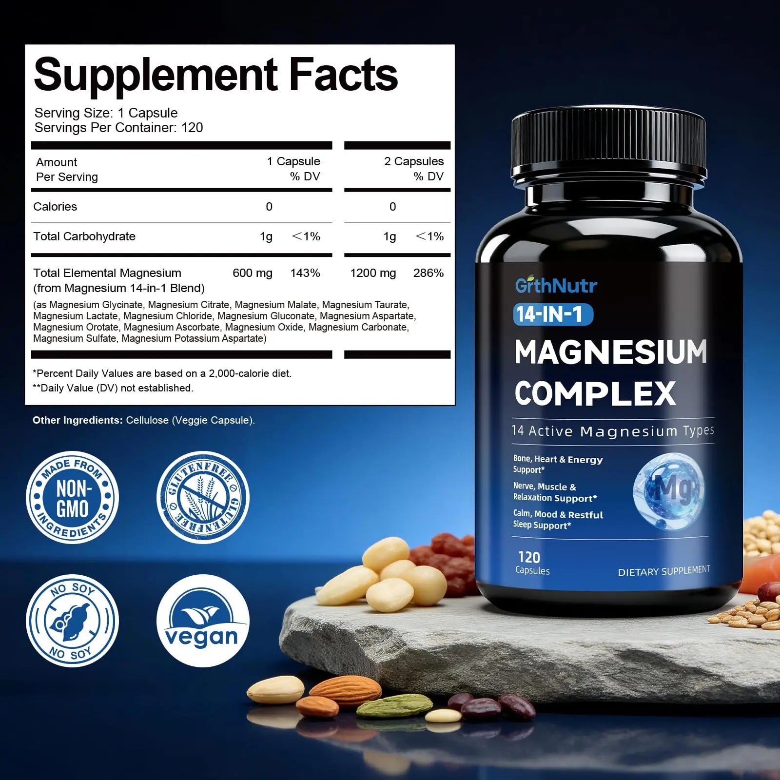 14-in-1 Magnesium Complex Supplement, 1200mg Elemental Magnesium Glycinate, Citrate, Malate, Taurate - Magnesium Complex for Women Nerves, Bone & Heart Health | Non-GMO GrthNutr Au supplements