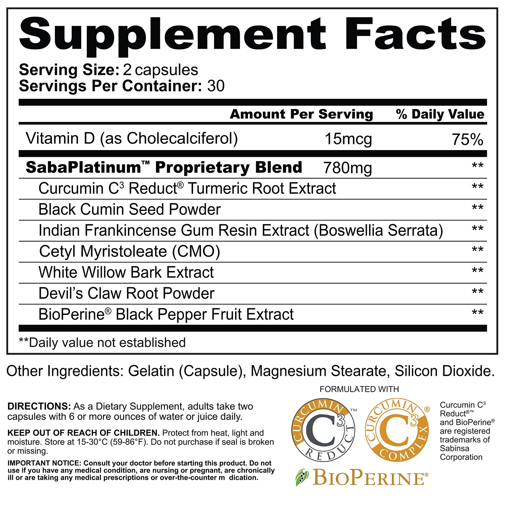 Saba Platinum Joint Support – High Absorption Curcumin C3 Reduct & Boswellia – Fast Acting Turmeric Supplement for Joint Pain Relief, Mobility & Healthy Inflammation Response – 60 Vegan Capsules Saba Au supplements