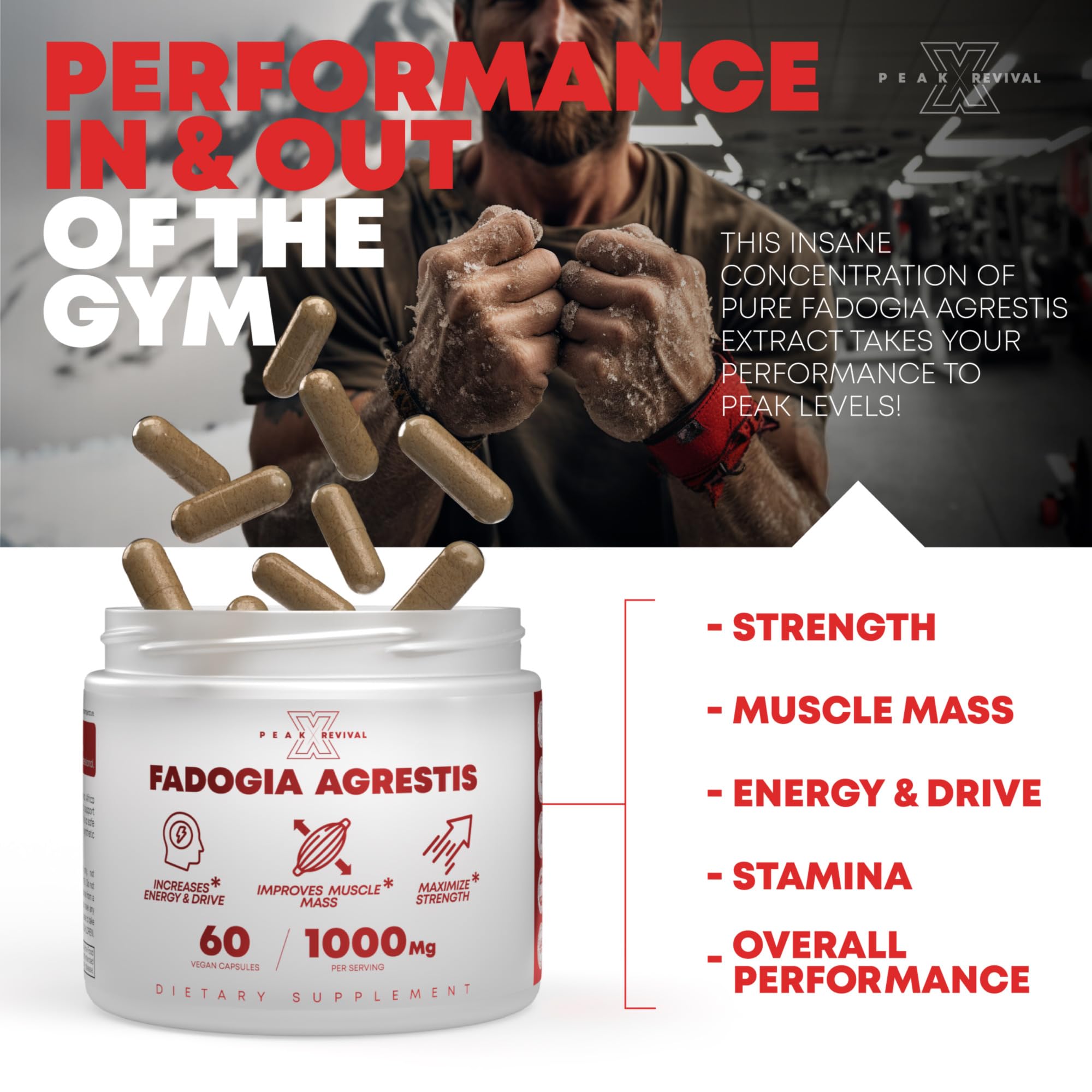 Peak Revival-X Fadogia Agrestis 1000mg Per Serving Supplement - Potent Extract to Increase Energy, Athletic Performance & Muscle Mass - Supplements, Made in The USA (60 Capsules) Peak Revival-X Au supplements