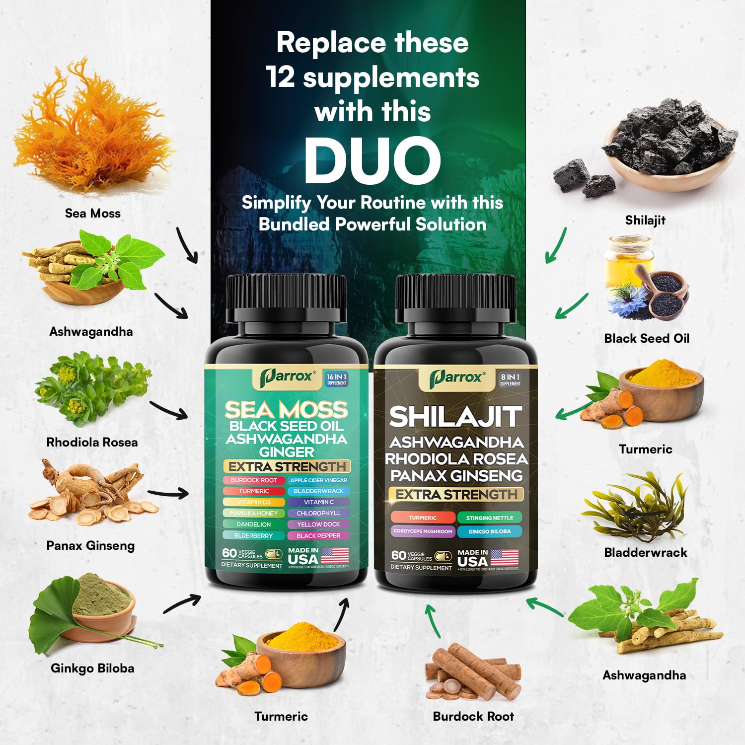 Parrox Shilajit and Sea Moss Bundle, Sea Moss 350mg, Black Seed Oil 200mg, Ashwagandha 100mg, Turmeric, Shilajit 300mg, Rhodiola Rosea 100mg, Panax Ginseng 50mg, Dynamic Vitality Bundle (2 Pack) Parrox Au supplements