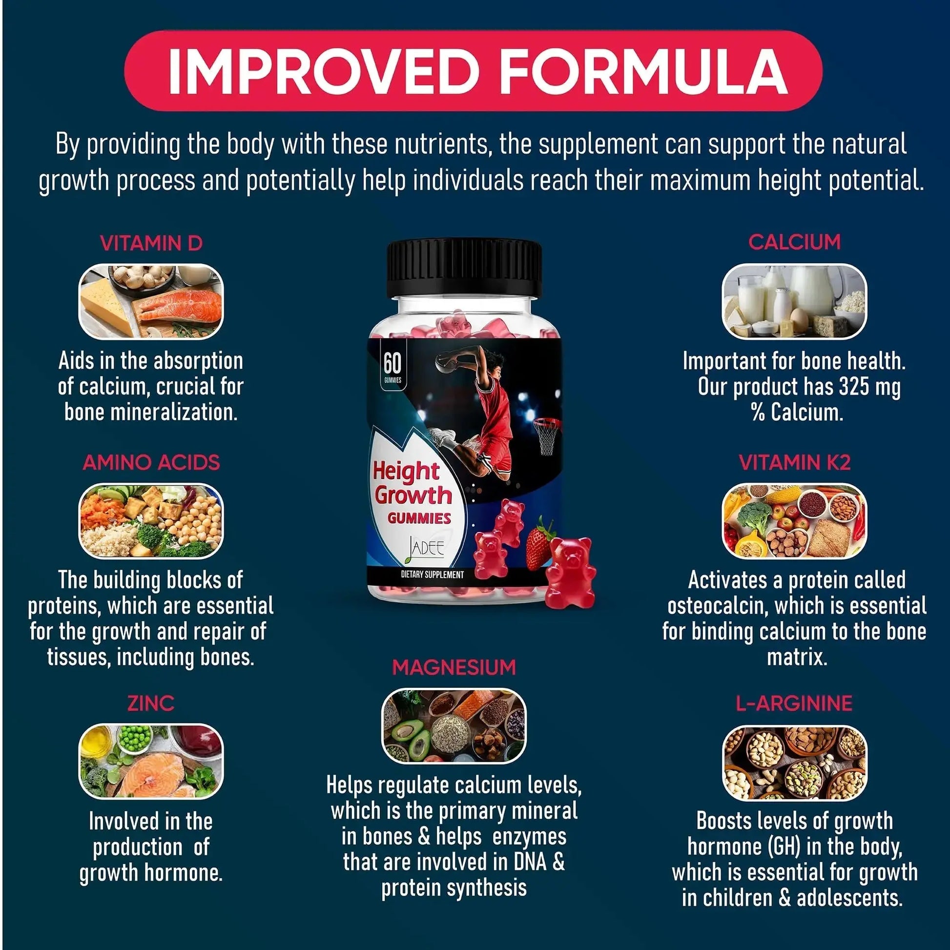 Jadee Height Growth Gummies for Teens & Kids Calcium 325mg, Teen Vitamins D3,K2,C, Magnesium, Ashwagandha, Zinc, L-Arginine Jadee Au supplements