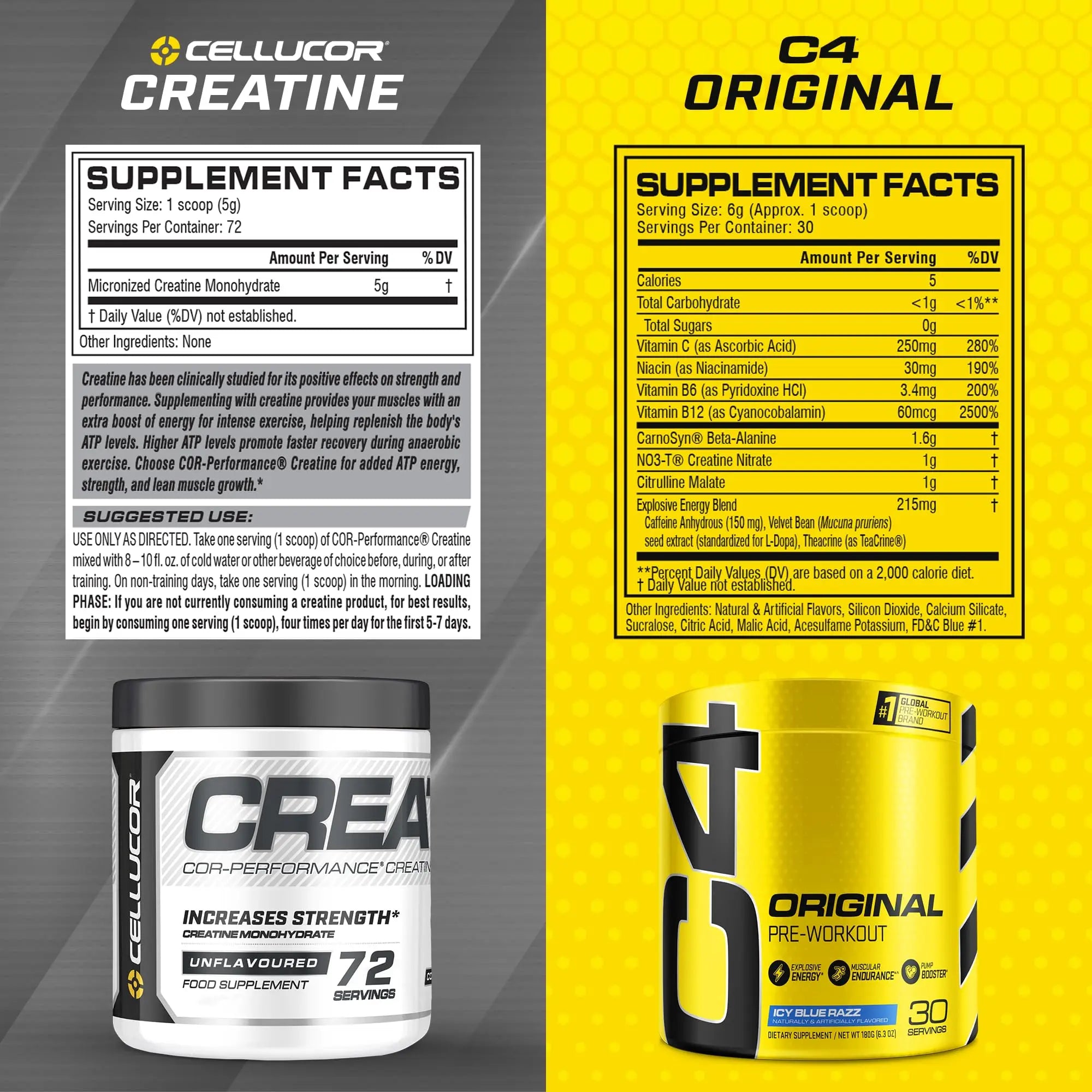 Cellucor Pre Workout & Creatine Bundle, C4 Original Pre Workout Powder, Icy Blue Razz Cellucor Au supplements