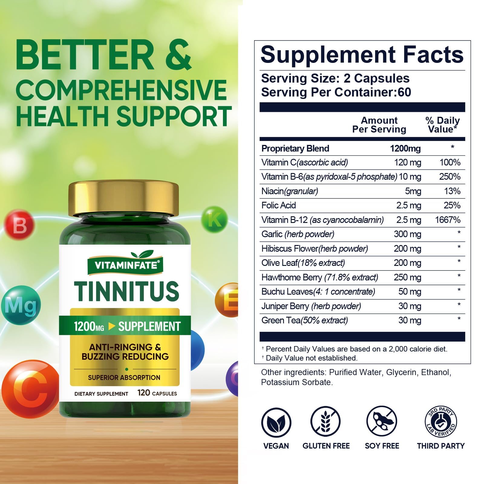 Tinnitus Relief for Ringing Ears 1200mg - 120 Capsules Advanced Ear Health Support Supplement | Supports Ear Health and Reduces Tinnitus Symptoms - Non-GMO & Vegan VITAMINFATE Au supplements