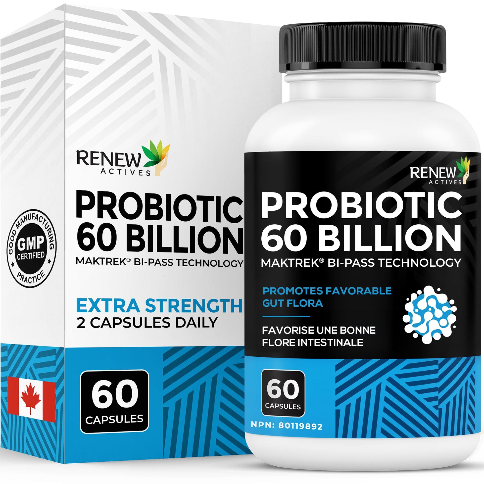 Renew Actives Probiotic Supplement for Digestive Health 60 Billion CFU per 2 Capsules - Advanced Formula with Prebiotic Benefits - Supports Gut Flora Balance & Wellness - Made in Canada - 60 Capsules Renew Actives Au supplements