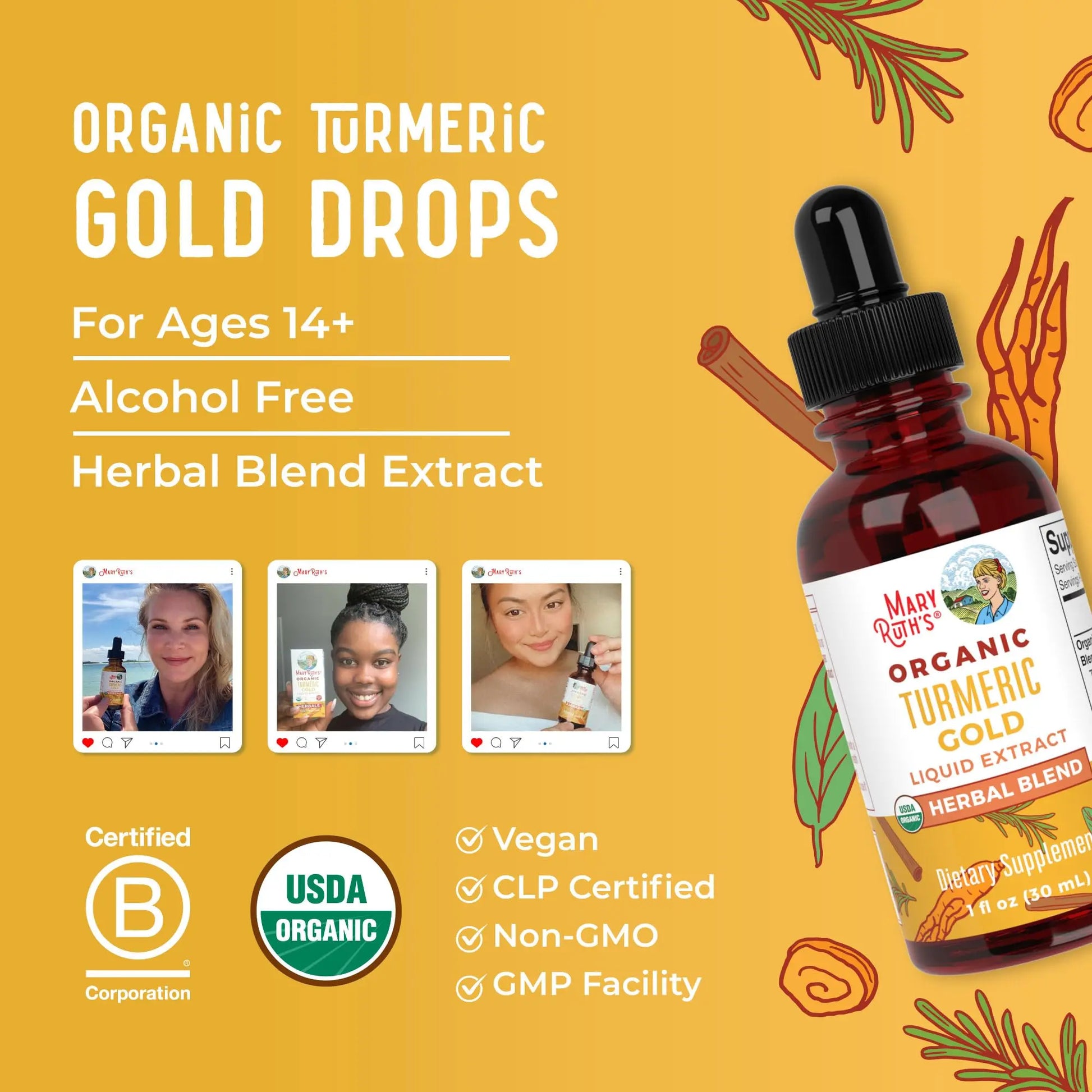 MaryRuth Organics USDA Turmeric Gold Liquid Drops | Herbal Blend | Turmeric Curcumin | Black Pepper | Cassia Cinnamon Bark | Ginger Root | Immune Support | Non-GMO Project Verified | Vegan | 1oz MARYRUTH'S Au supplements