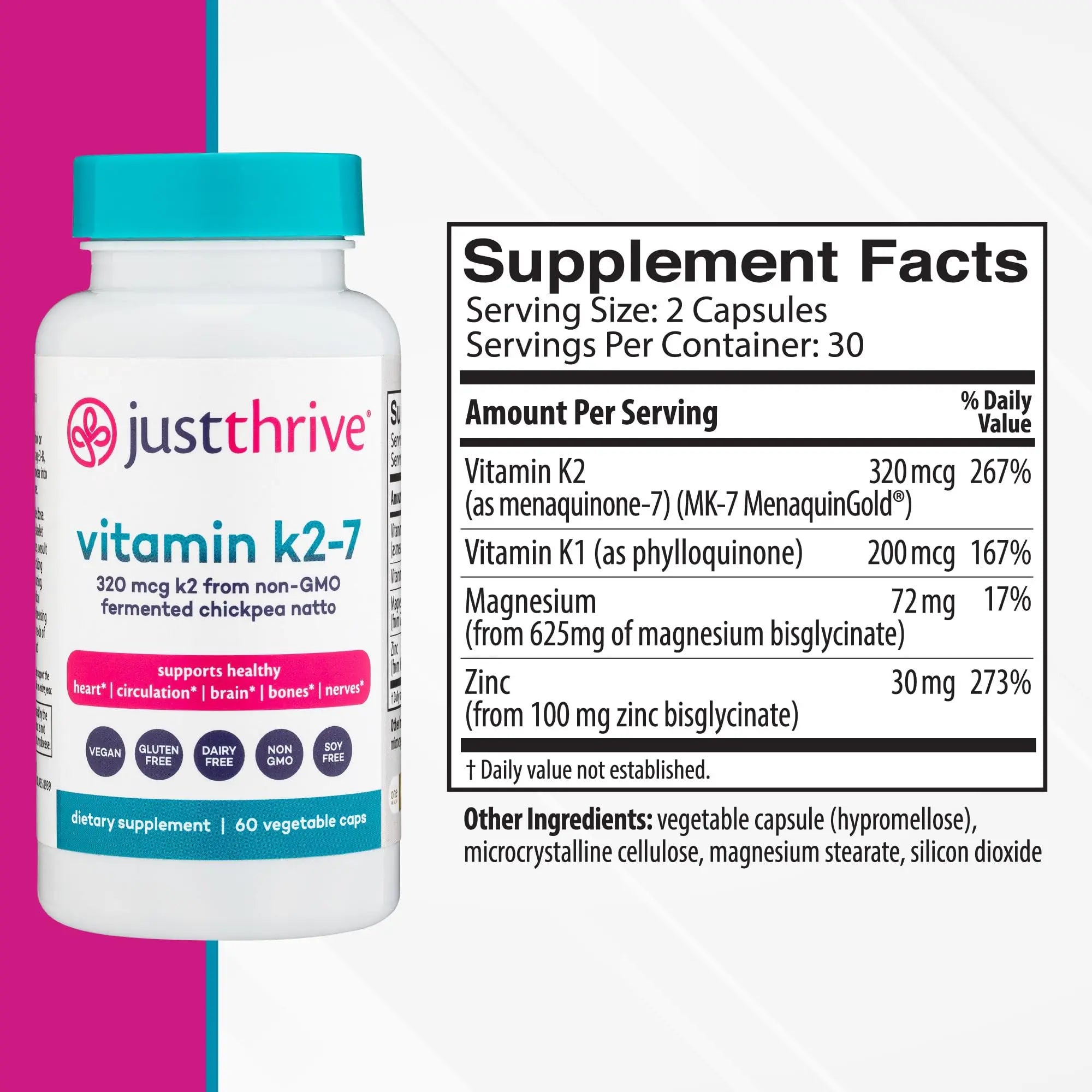 Just Thrive Vitamin K2-7 - Bone, Brain, and Heart Health K2 Vitamin Supplement, 60 Capsules Just Thrive Au supplements
