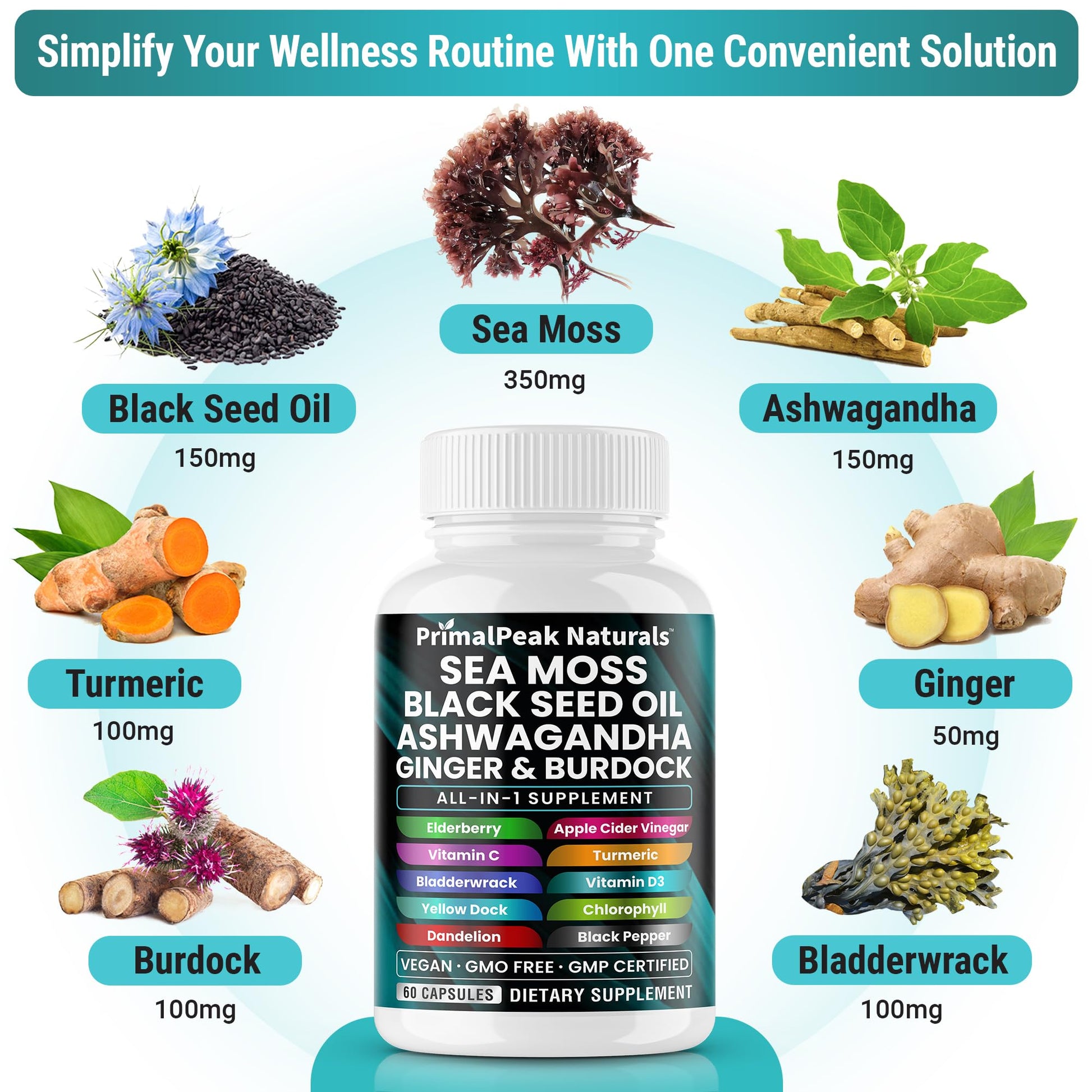 PrimalPeak Naturals Sea Moss Black Seed Oil Ashwagandha Ginger Burdock Bladderwrack Turmeric & Vitamin C Vitamin D3 with ACV Elderberry Chlorophyll Dandelion Yellow Dock Vegan Capsules - 60 Count PrimalPeak Naturals Au supplements