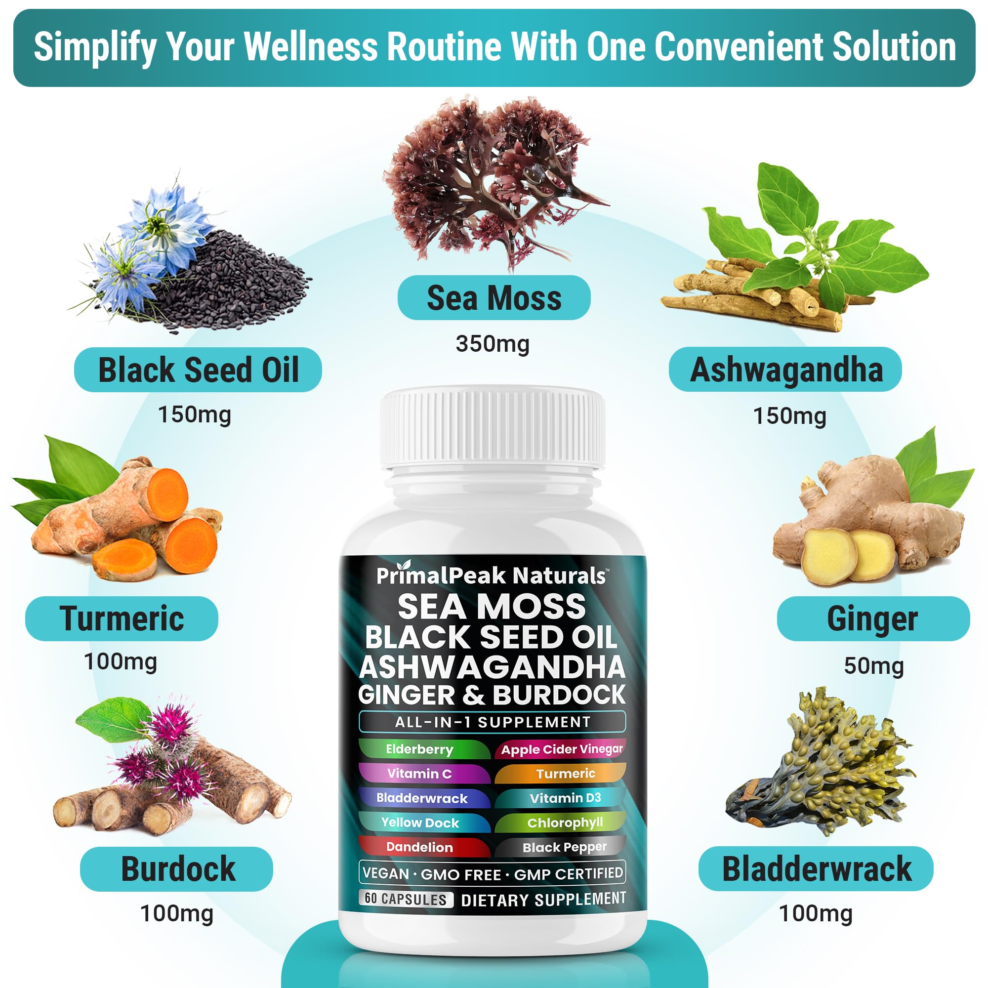 PrimalPeak Naturals Sea Moss Black Seed Oil Ashwagandha Ginger Burdock Bladderwrack Turmeric & Vitamin C Vitamin D3 with ACV Elderberry Chlorophyll Dandelion Yellow Dock Vegan Capsules - 60 Count PrimalPeak Naturals Au supplements