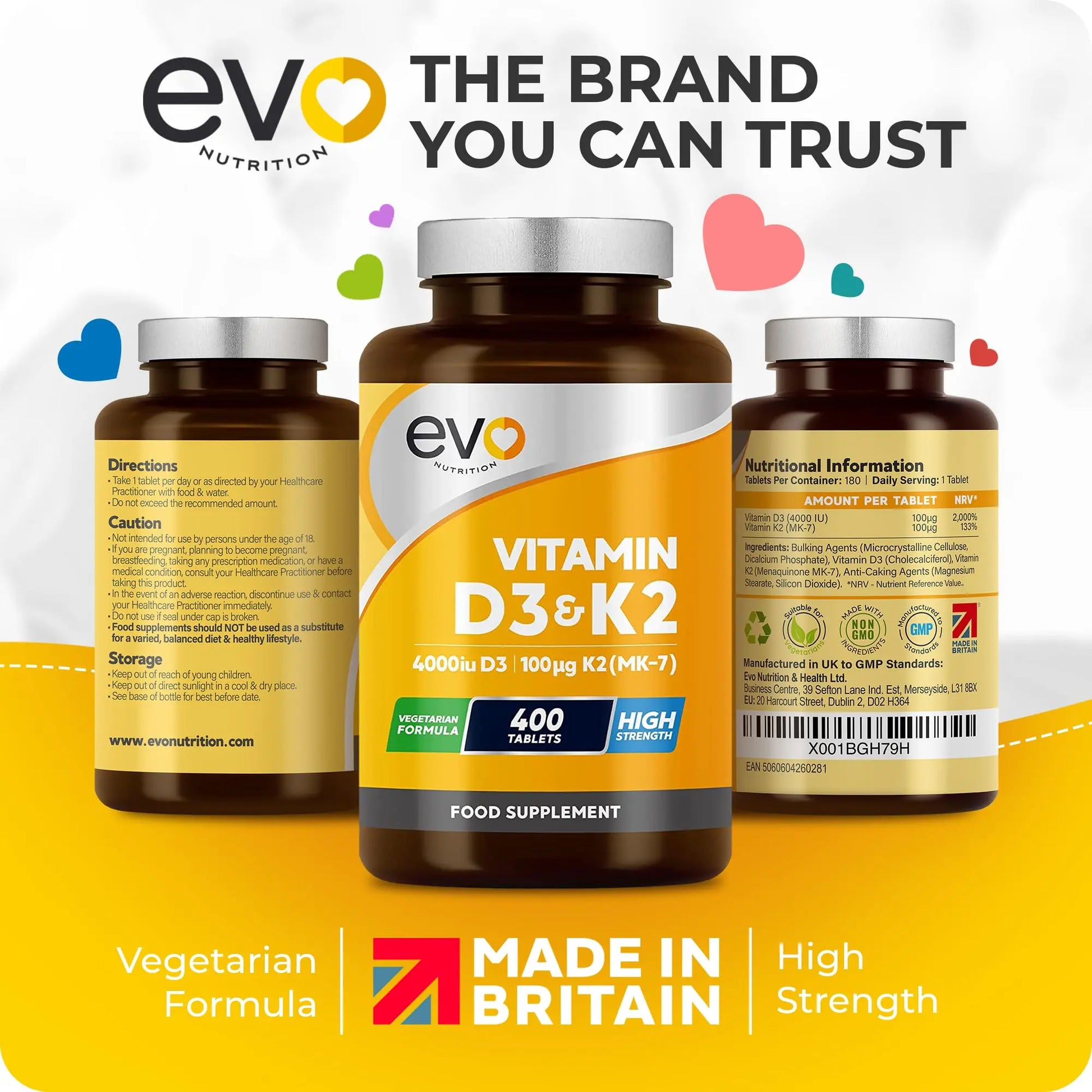 Vitamin D3 4000iu & Vitamin K2 100ug MK7 | 400 Vegetarian Tablets - 1 Year Supply EVO NUTRITION Au supplements