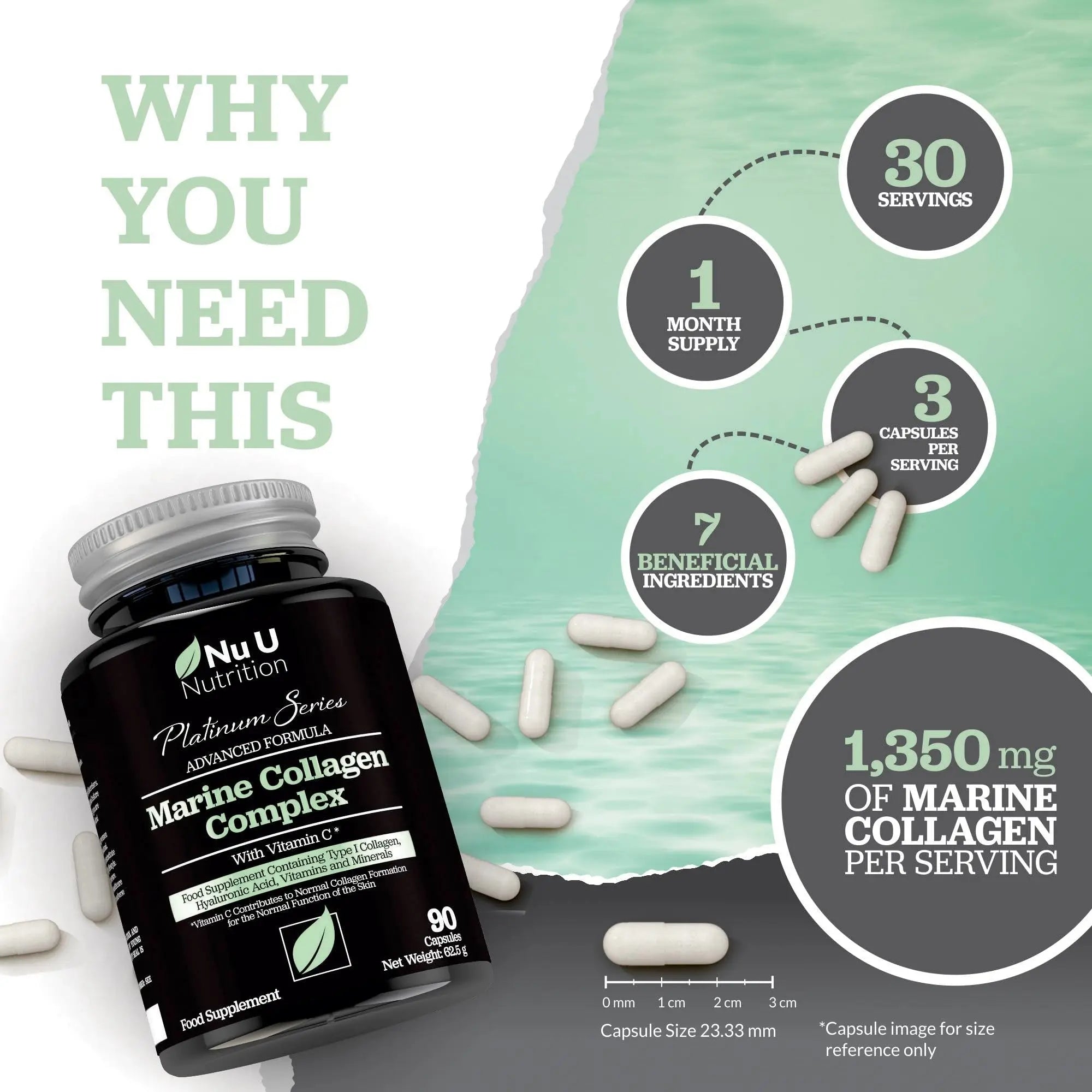 Marine Collagen with Hyaluronic Acid, Vitamin C - 90 Hydrolysed Capsules (not Tablets Nu U Nutrition Au supplements
