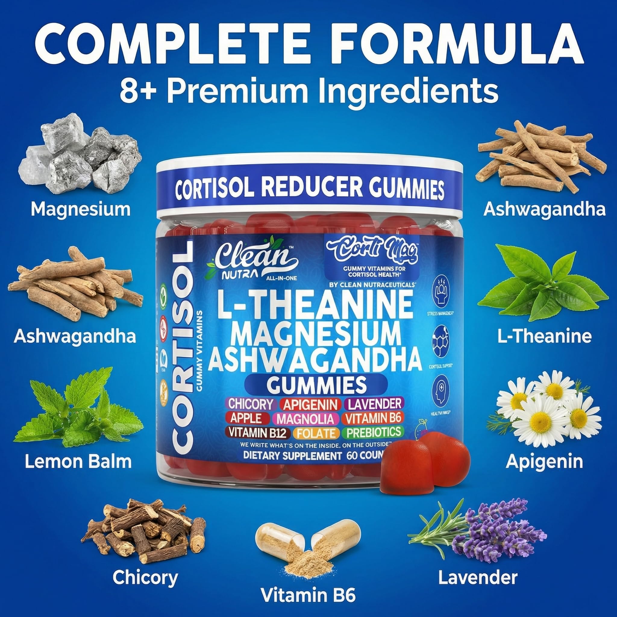 Clean Nutra Cortisol Supplement Gummies L-Theanine Magnesium Ashwagandha Apigenin Vitamin B6 Sleep and Calm Support Lavender Chicory Prebiotic Advanced Gummy Formula Clean Nutraceuticals Au supplements