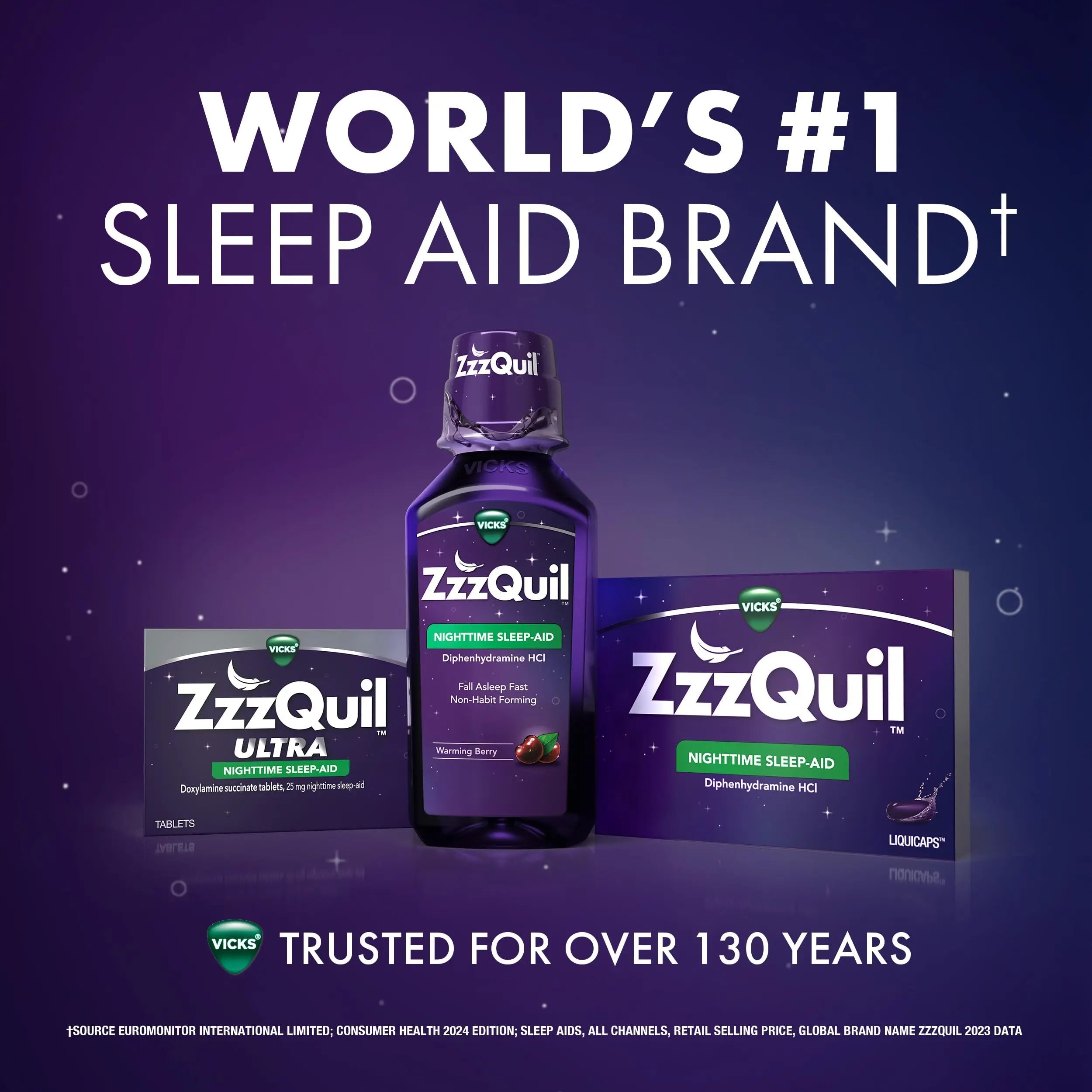 ZzzQuil Liquid, Max Strength Pain Reliever, Nighttime Sleep Aid Liquid, Acetaminophen 1000mg, Diphenhydramine 50mg HCI, Non-Habit Forming, Midnight Berry Flavored, 2 Pack, 24 FL OZ ZzzQuil Au supplements