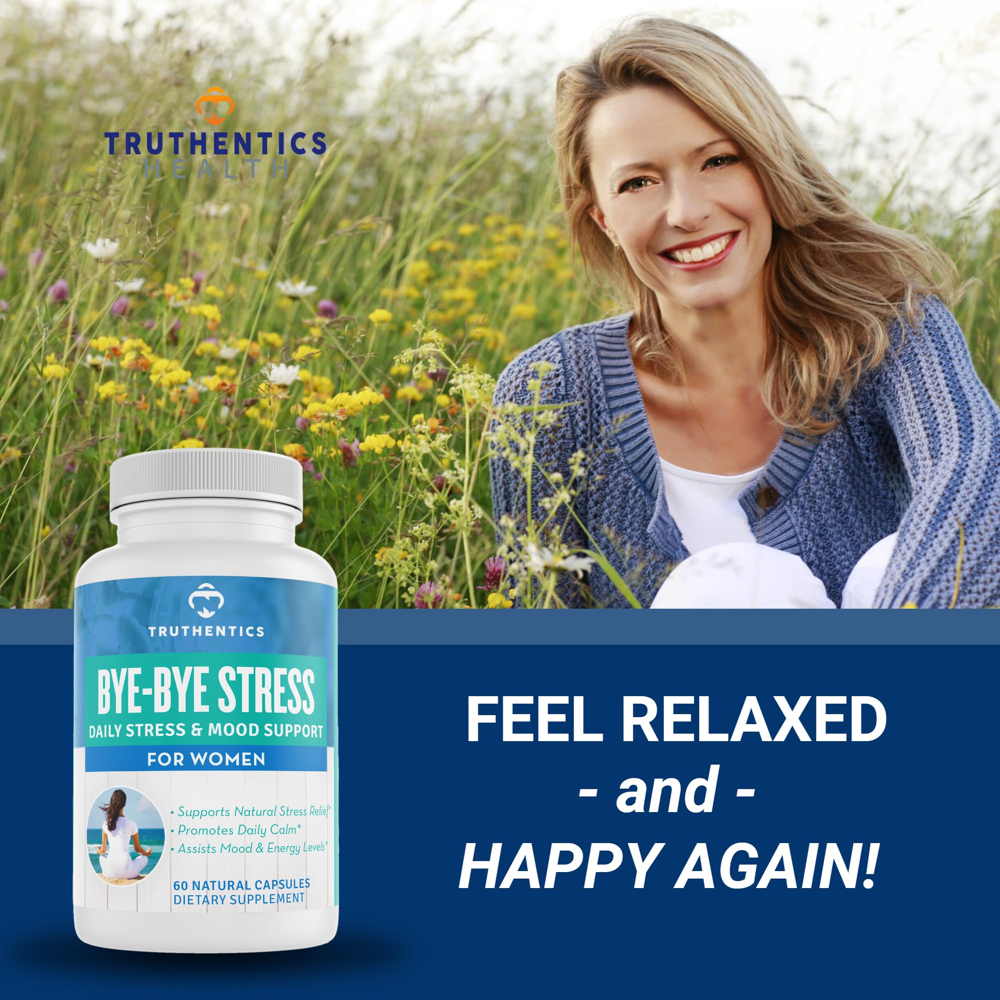 TRUTHENTICS Bye-Bye Stress - Stress & Mood Support Supplement for Women with Ashwagandha, GABA, Lemon Balm, L-Theanin & Vitamin B Complex - Vegan - 60 Capsules TRUTHENTICS Au supplements