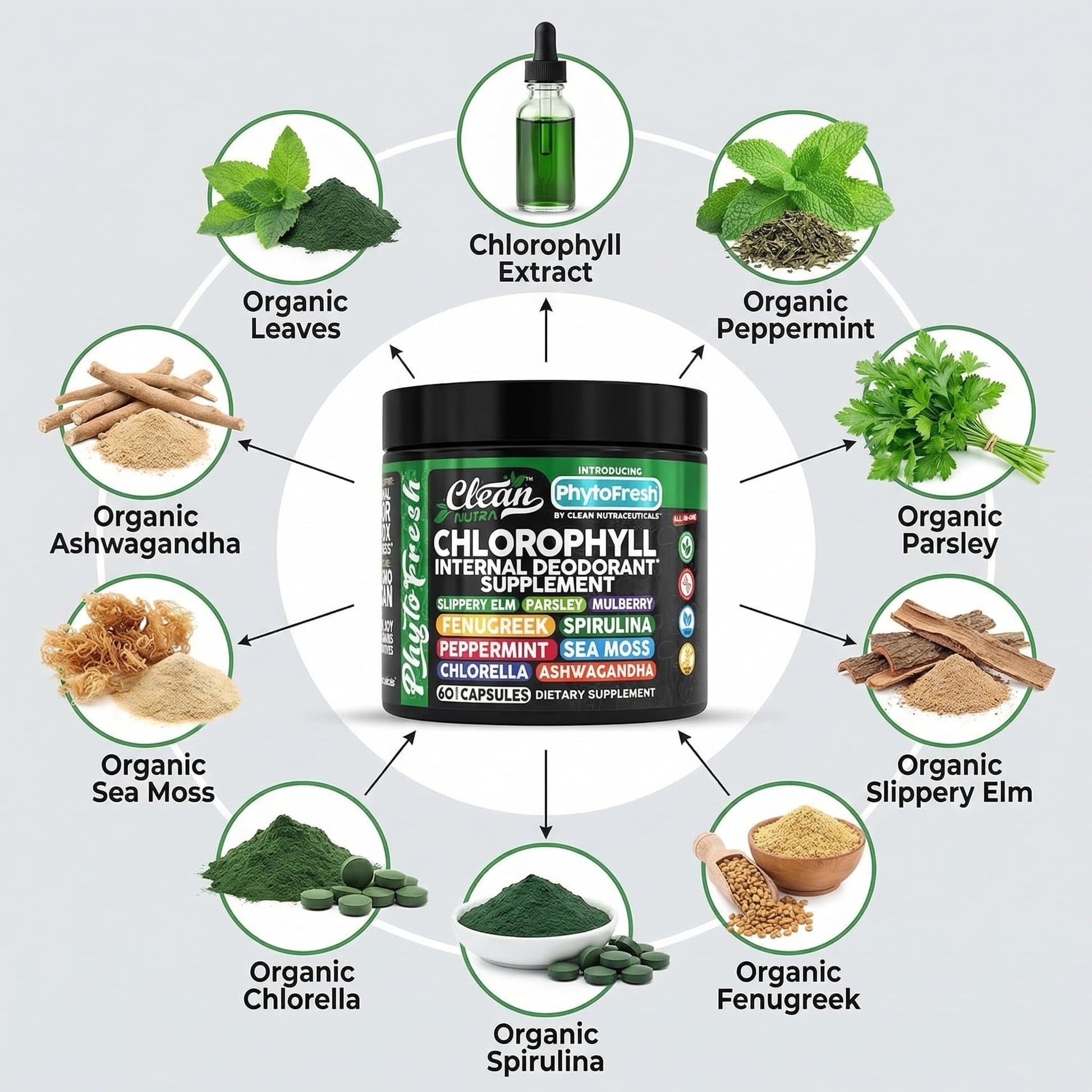Clean Nutra Chlorophyll Capsules Supplement Internal Deodorant Peppermint, Sea Moss, Parsley, Chlorella, Spirulina, Slippery Elm, Ashwagandha, PhytoFresh Greens Detox Pills Clean Nutraceuticals Au supplements