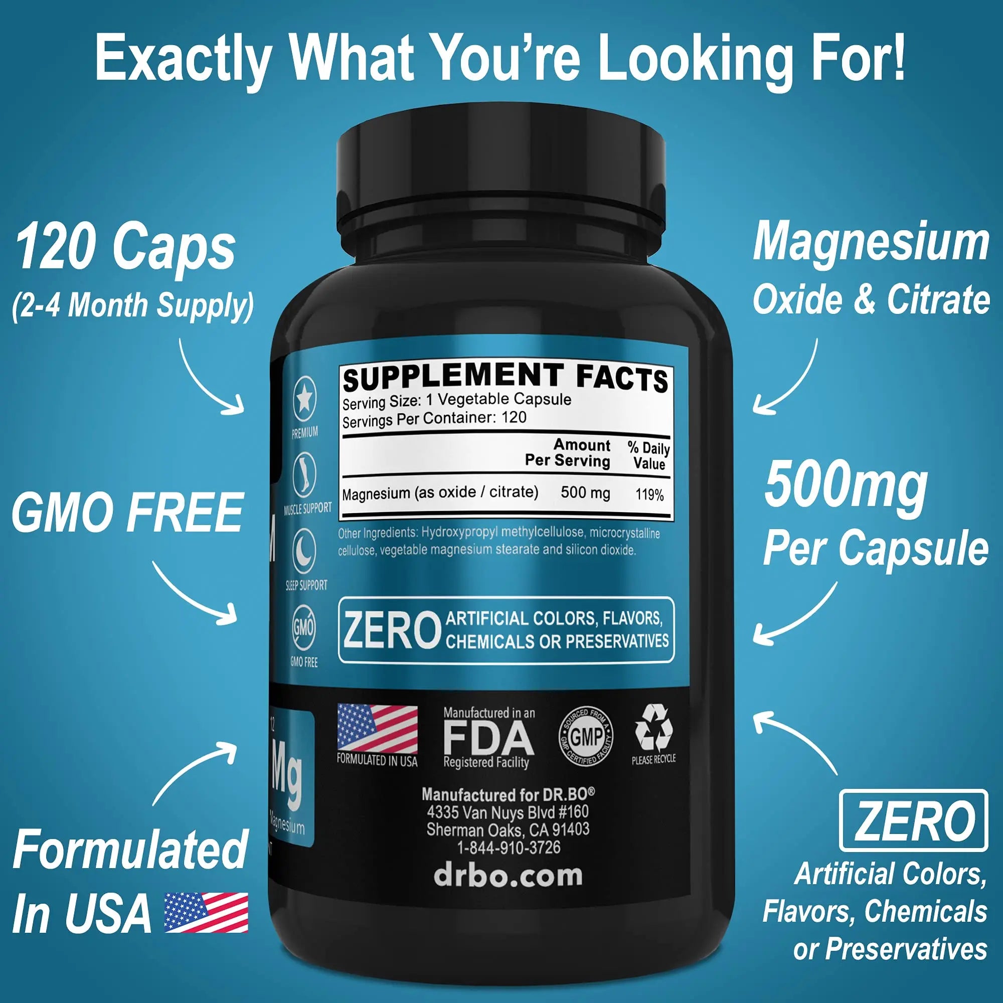 Magnesium Complex Supplement Capsules 500mg - Support Energy, Relaxation, Leg Cramps & Legs - Help Aid Muscle Support Supplements - High Absorption Premium Mag Citrate Oxide - 120 Capsules DR. BO Au supplements