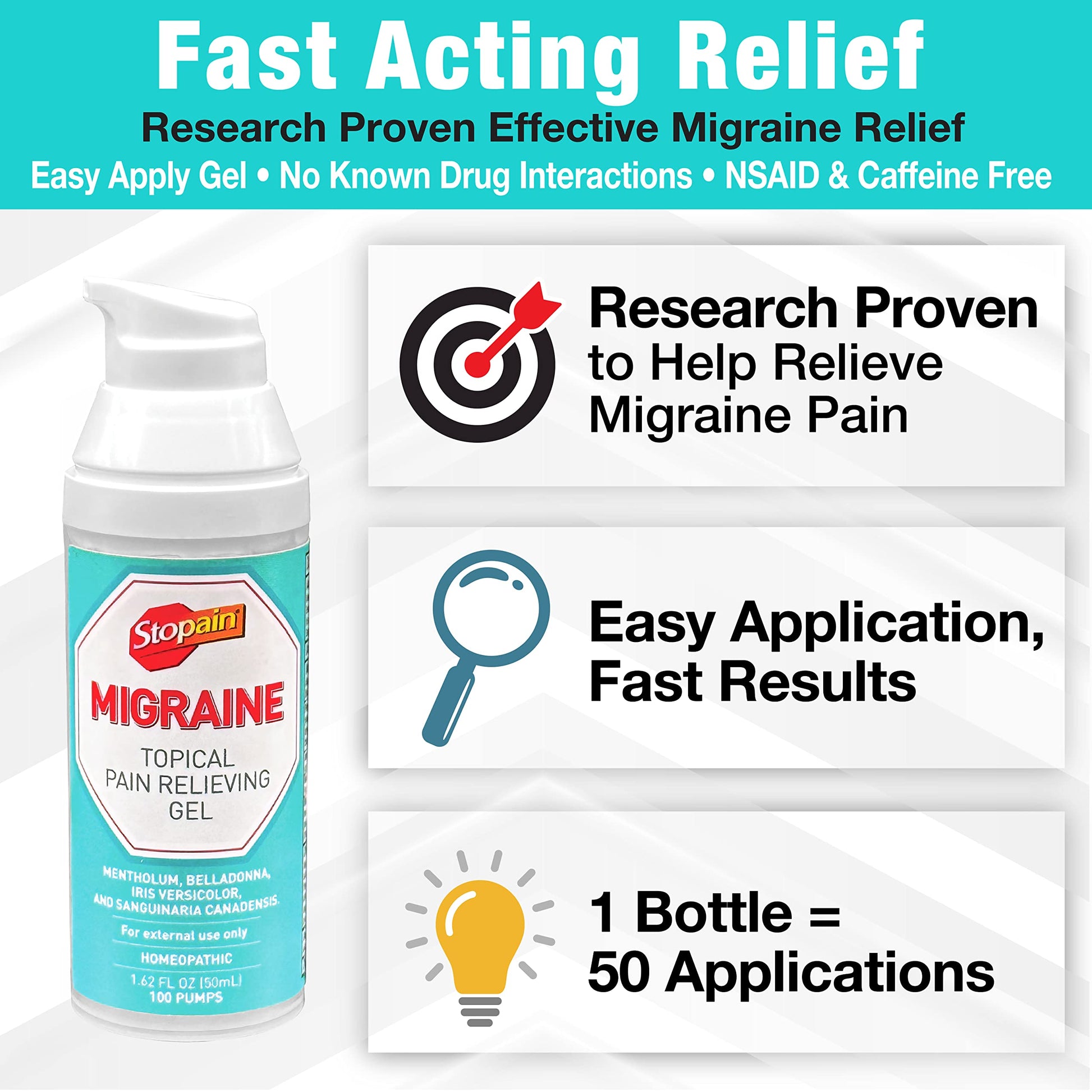 Stopain Migraine Pain Relief Gel Pump, 1.62oz (2 Pack), USA Made, Max Strength Fast Acting Research Proven Effective Topical, No Known Side Effects or Drug Interactions, HSA FSA Approved Products Stopain Au supplements