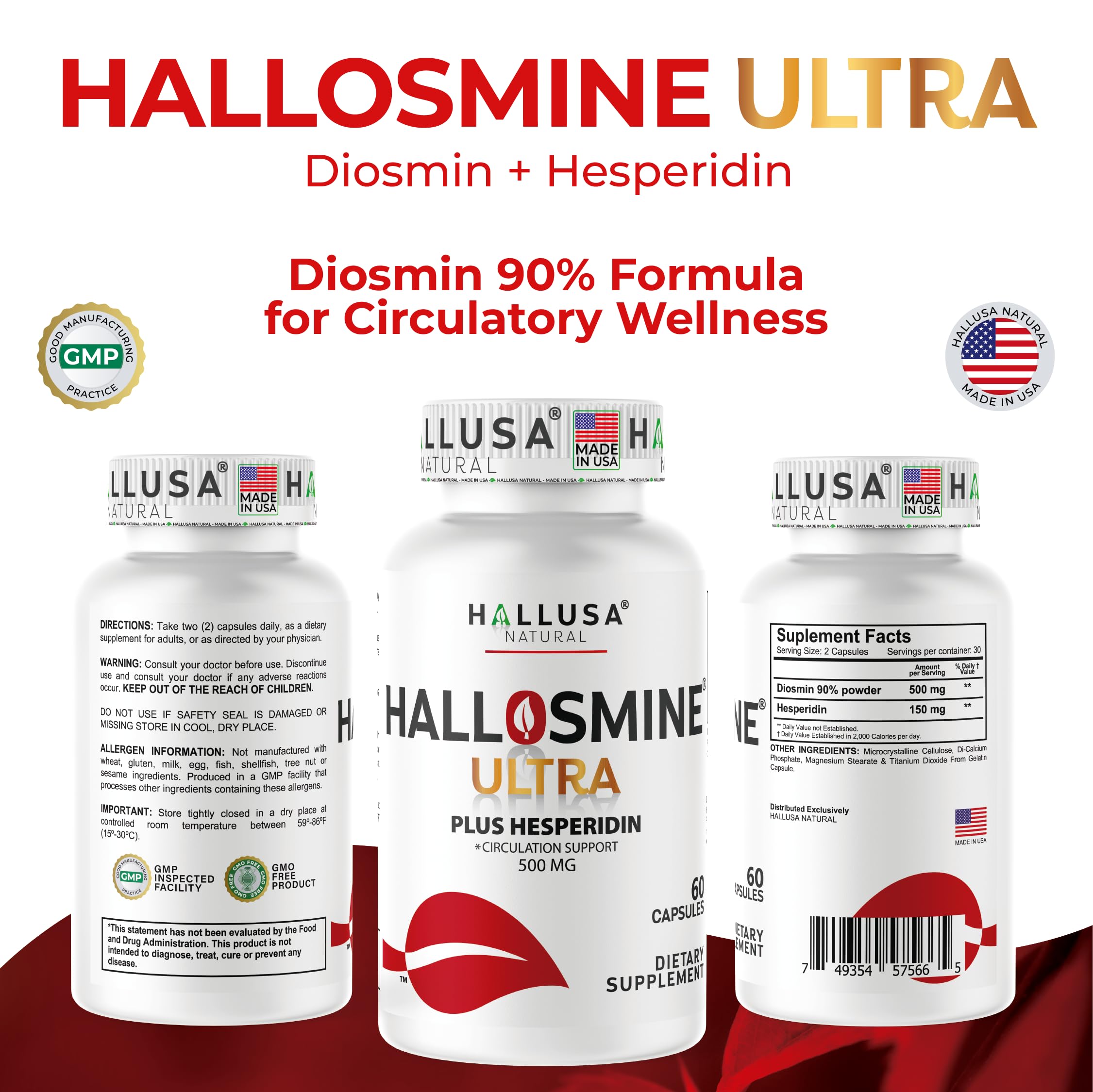 Hallosmine Ultra 650mg Diosmin Hesperidin, 60 Capsules + FREE Leg Cream with Diosmin, Hesperidin & Horse Chestnut, 4 oz | Blood Circulation & Vein Support Supplement, GMO Free, Gluten Free Hallusa Natural Au supplements