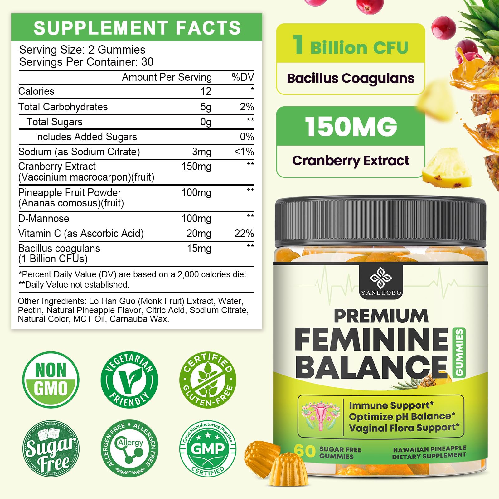 YANLUOBO Feminine Balance Probiotic Gummies - Women's Vaginal Health Support | PH Balance & Odor, Flora, Immune Support | Probiotics for Women, Vegan Pineapple Flavor, 60 Count YANLUOBO Au supplements