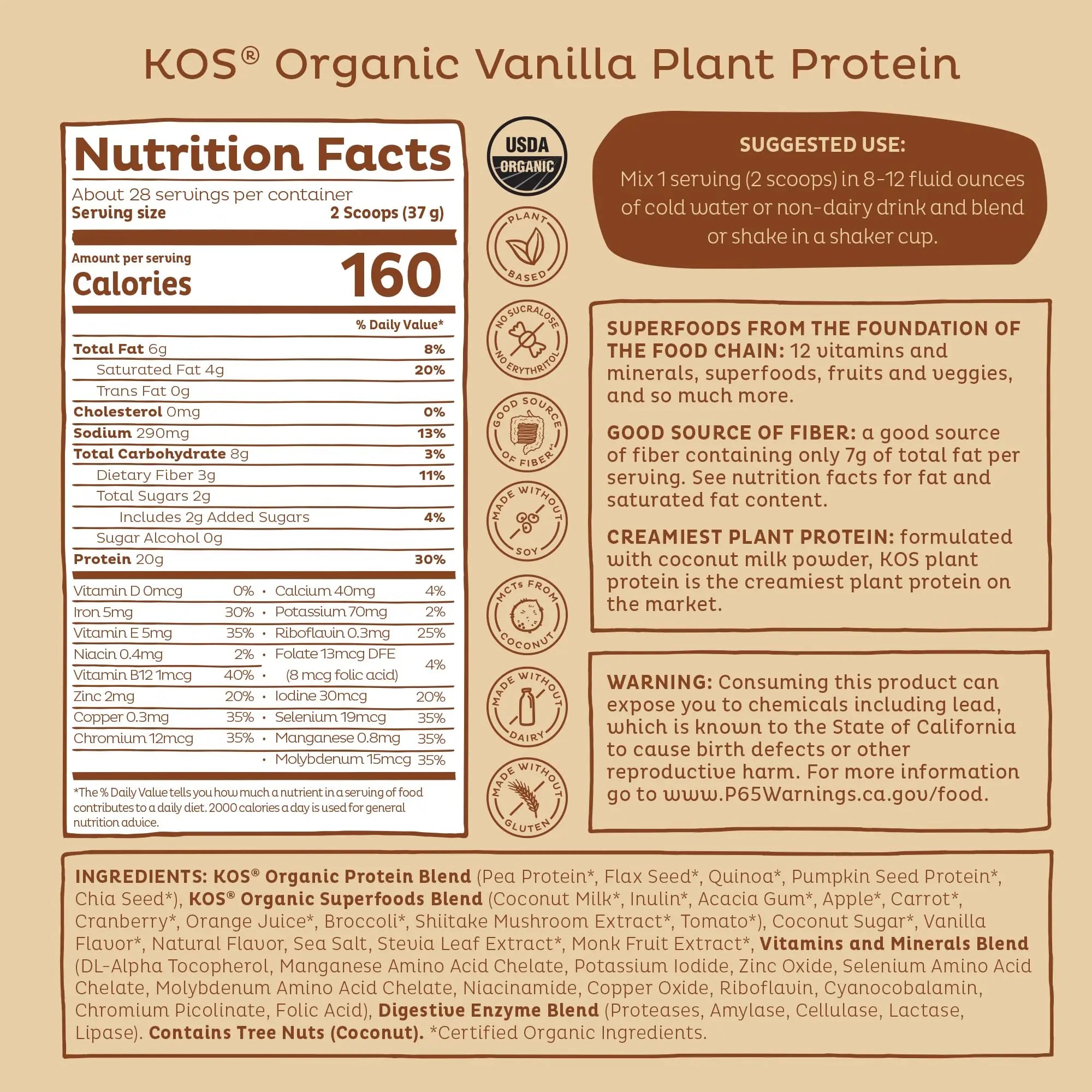 KOS Vegan Protein Powder Erythritol Free, Vanilla USDA Organic - Pea Protein Blend, Plant Based Superfood Rich in Vitamins & Minerals - Keto, Dairy Free - Meal Replacement for Women & Men, 28 Servings KOS Au supplements
