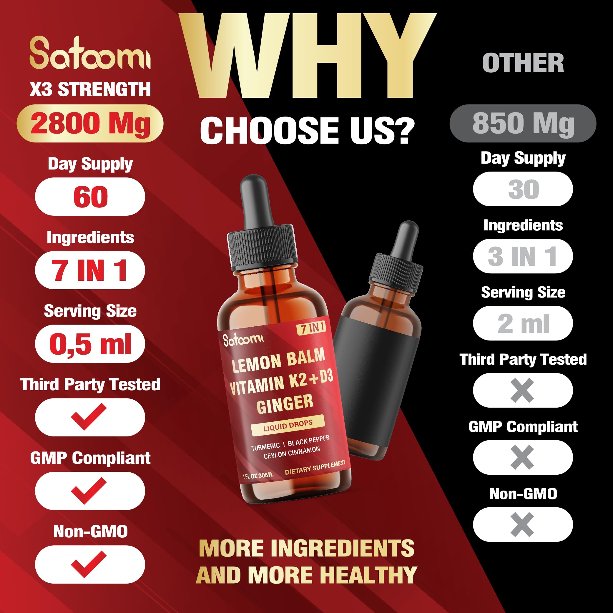 Satoomi 7in1 Lemon Balm Tincture with Vitamin D3, Vitamin K2, Ginger Root, Turmeric, Ceylon Cinnamon and Black Pepper - 1 FL Oz - 60 Day Supply Satoomi Au supplements
