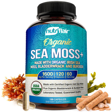 NutriFlair Organic Sea Moss 1600mg, 120 Capsules Plus Bladderwrack & Burdock - Prebiotic Super Food - Immune System & Digestive Health - Thyroid, Healthy Skin, Keto Detox, Gut NutriFlair Au supplements