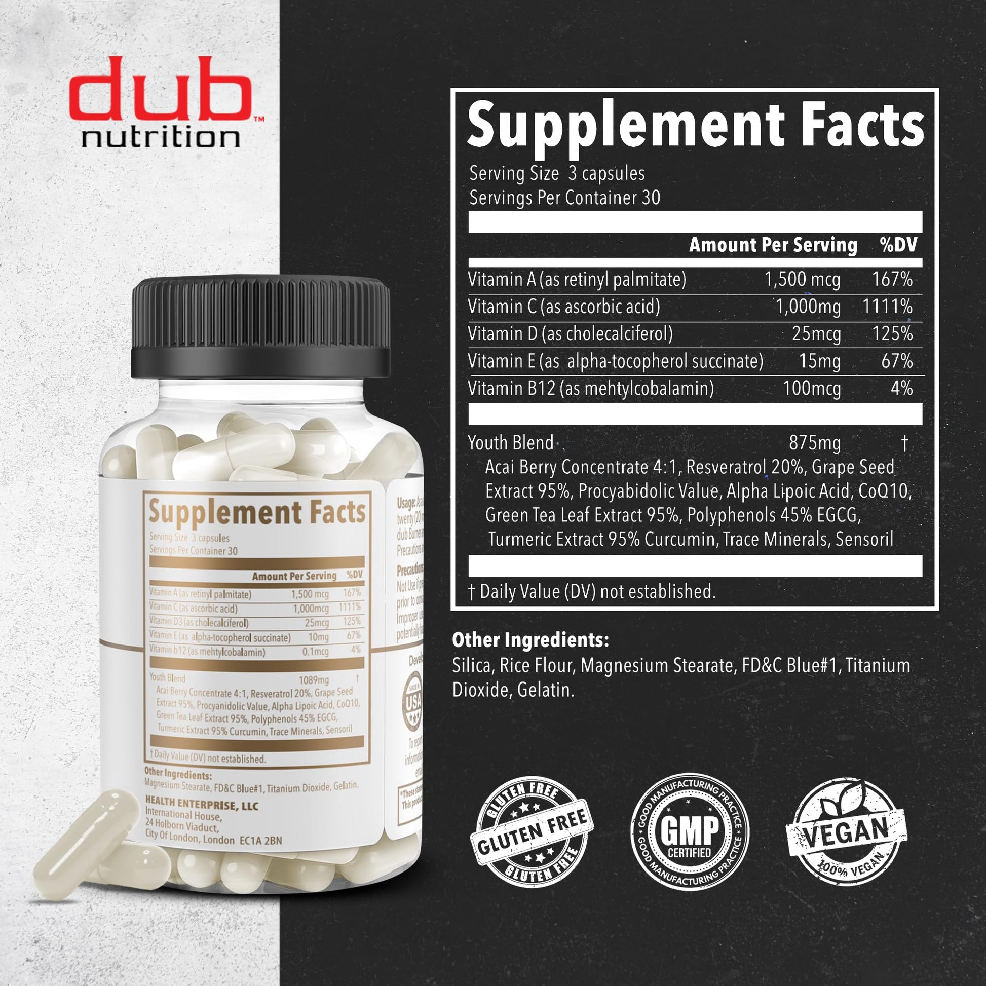 Dub Nutrition Youth - Formula with Acai, Resveratrol, Curcumin, Vitamins A, C, D, E, B12, and CoQ10 - Supports Immunity and Mobility - 90 Capsules Dub Nutrition Au supplements