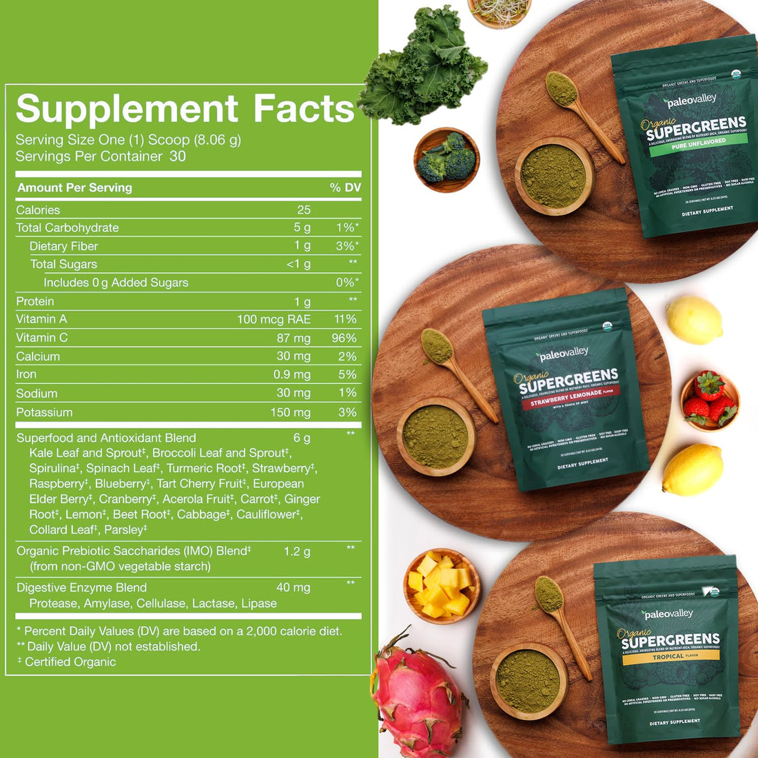 Paleovalley Organic Supergreens Powder - 23 Superfoods with Prebiotic Fiber for Energy and Immunity Support - No Cereal Grasses for Maximum Absorption - Pure Unflavored, 30 Servings Paleovalley Au supplements