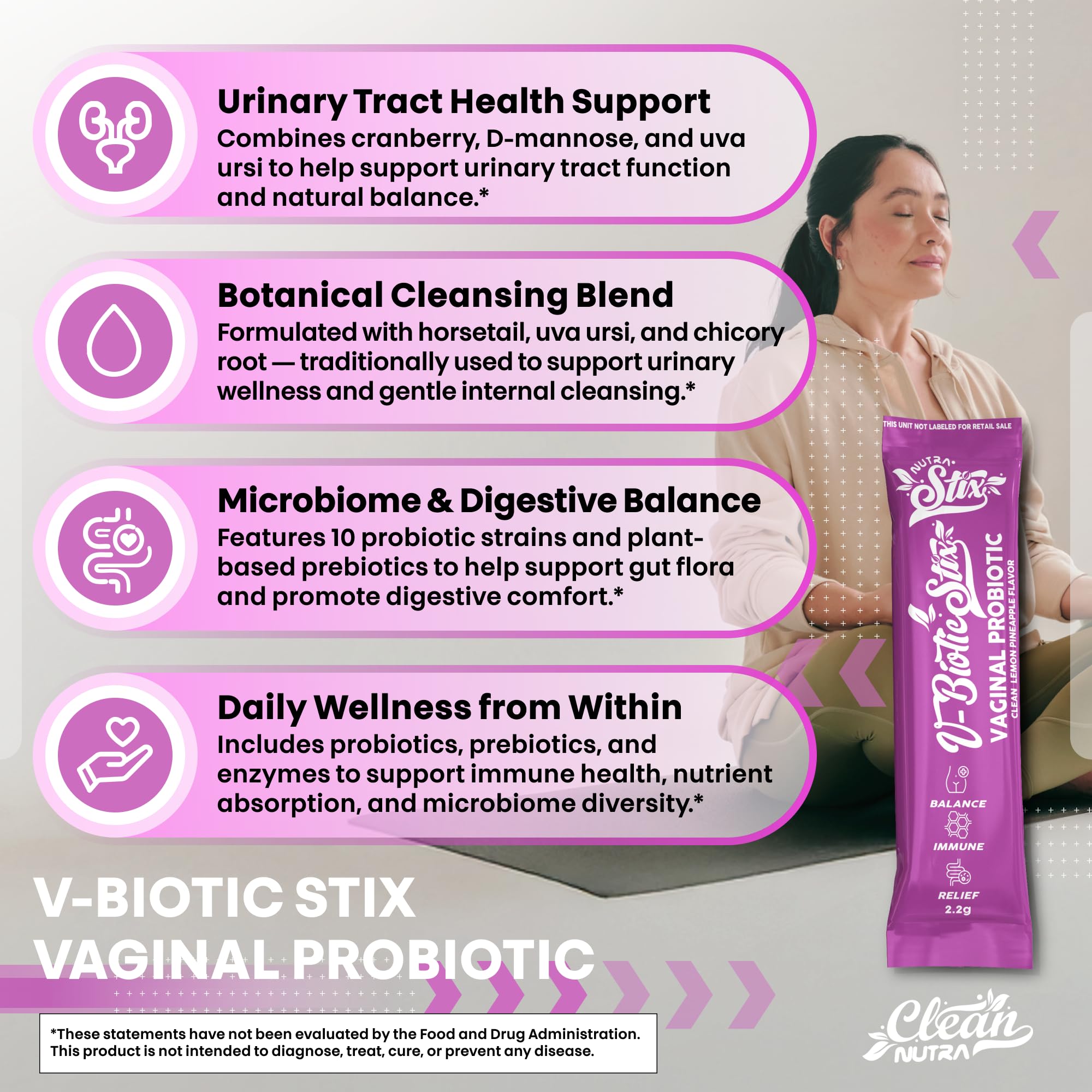 Clean Nutraceuticals Vaginal Probiotics for Women with Cranberry Extract, D-Mannose, Prebiotics, pH Balance for Women, Vaginal Health – Womens Probiotic Alternative to Gummies - 20 Stix Clean Nutraceuticals Au supplements