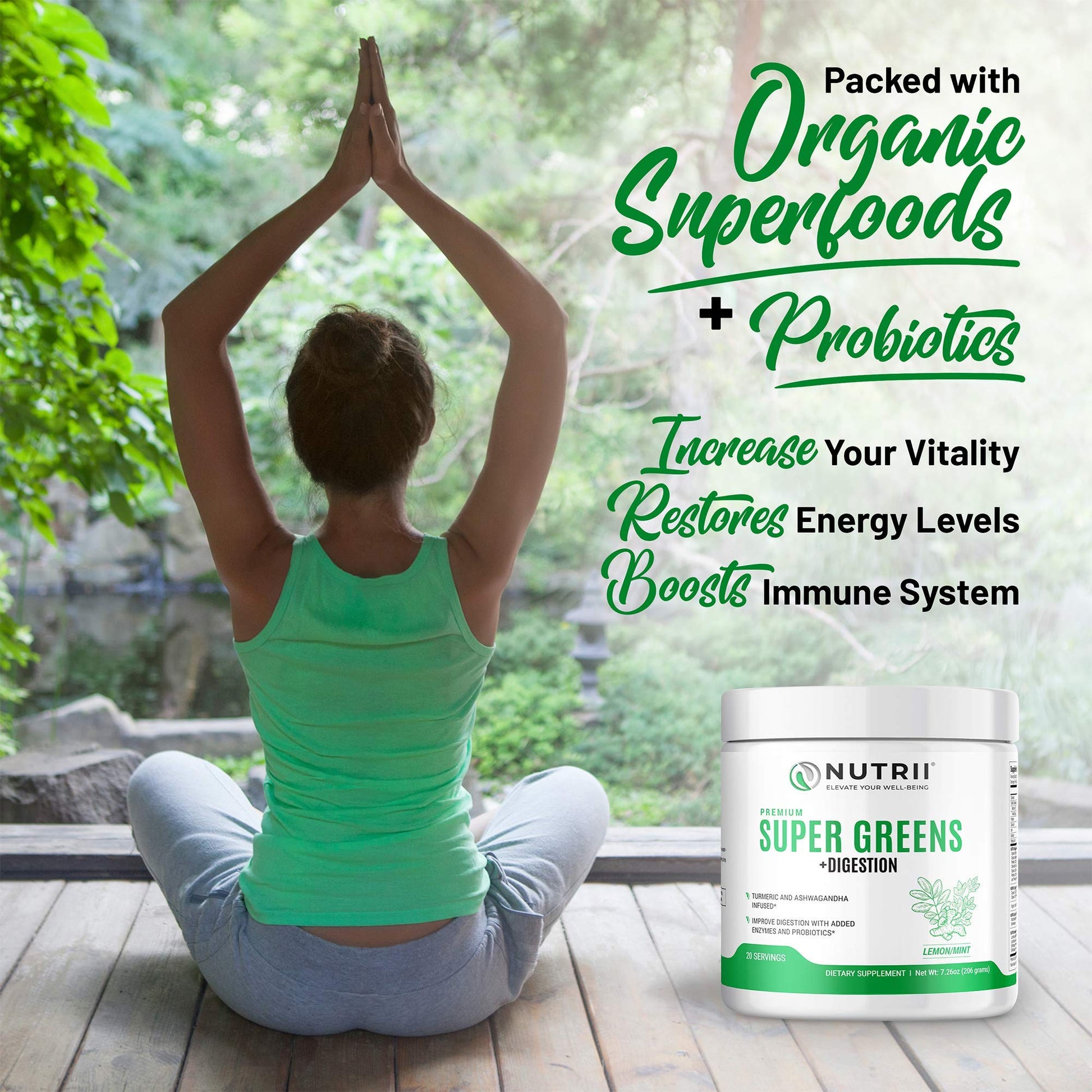 Nutrii Organic Green Immunity Superfood Powder - Soothes Digestion, Boosts Healthy Vitality and Energy. Fast Acting Formula with Probiotics, Enzymes, Turmeric and Ashwagandha (30 Servings Lemon-Mint) Nutrii Au supplements