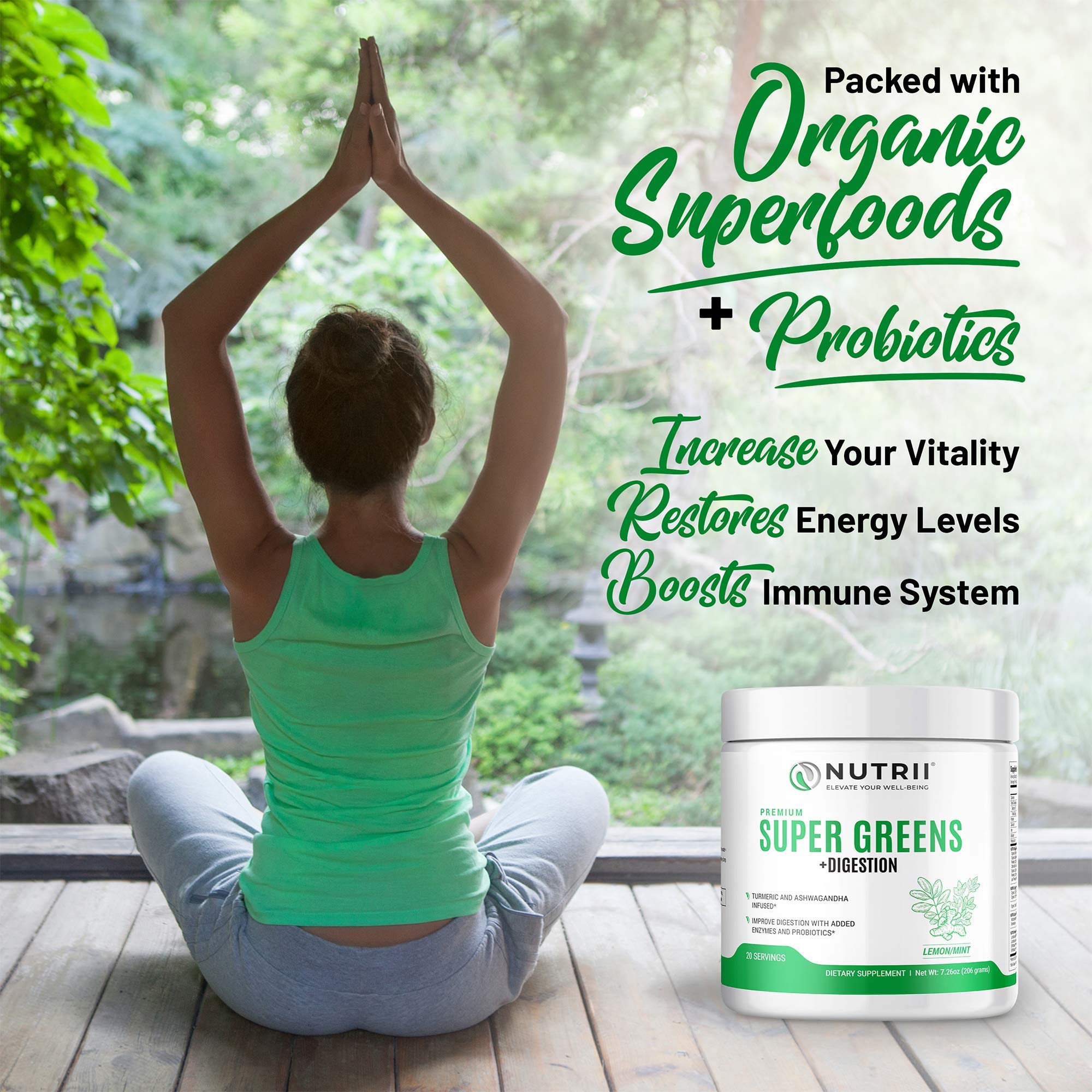 Nutrii Organic Green Immunity Superfood Powder - Soothes Digestion, Boosts Healthy Vitality and Energy. Fast Acting Formula with Probiotics, Enzymes, Turmeric and Ashwagandha (30 Servings Lemon-Mint) Nutrii Au supplements
