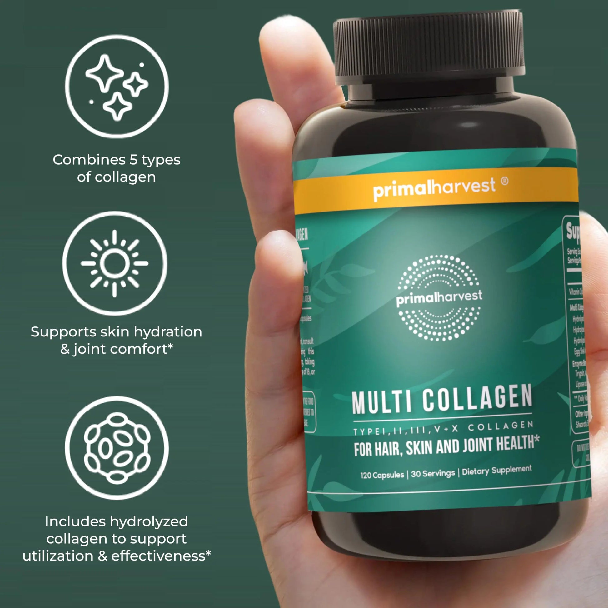 Primal Harvest Multi Collagen Pills for Women and Men (Type I, II, III, V, X) 120 Capsules w/Vitamin C for Hair, Skin, Nails Primal Harvest Au supplements