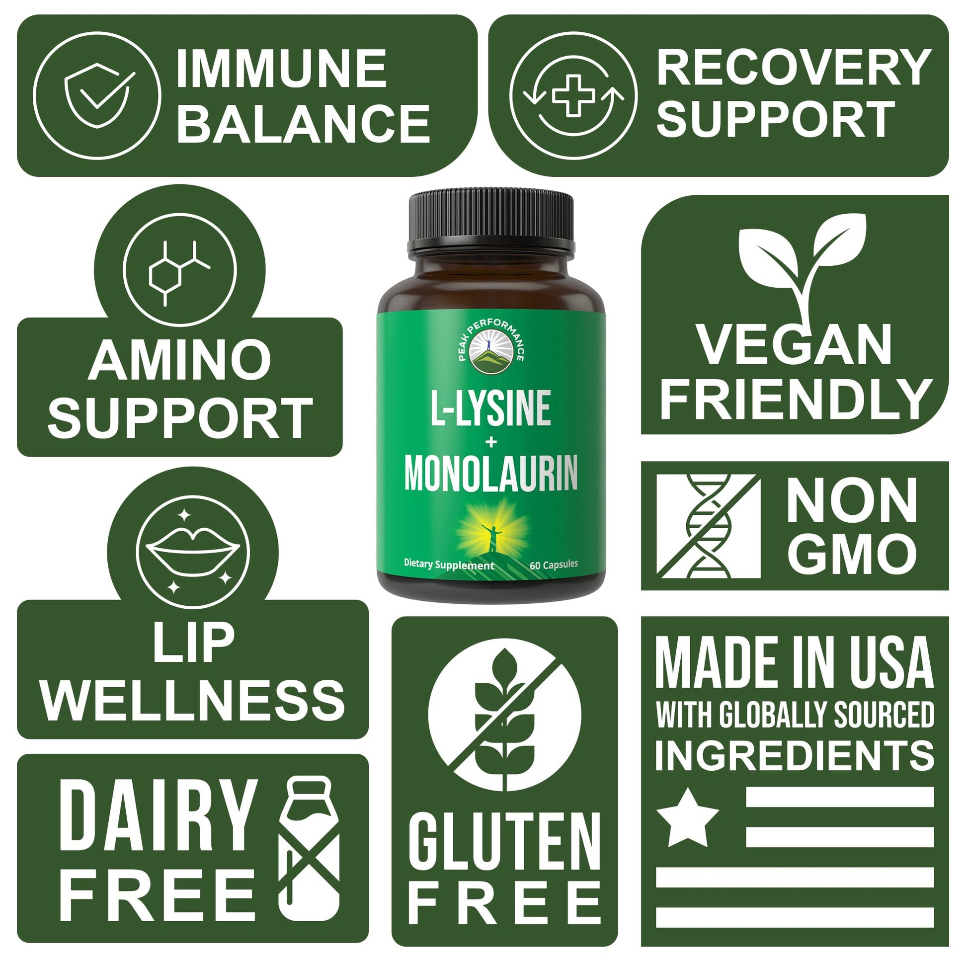 Peak Performance L Lysine 1000mg + Monolaurin 500mg Supplement for Immune Support - High Potency L-Lysine for Lips, Skin, & Health - 2-in-1 Bioavailable Supplements for Men and Women - 60 Capsules Peak Performance Au supplements