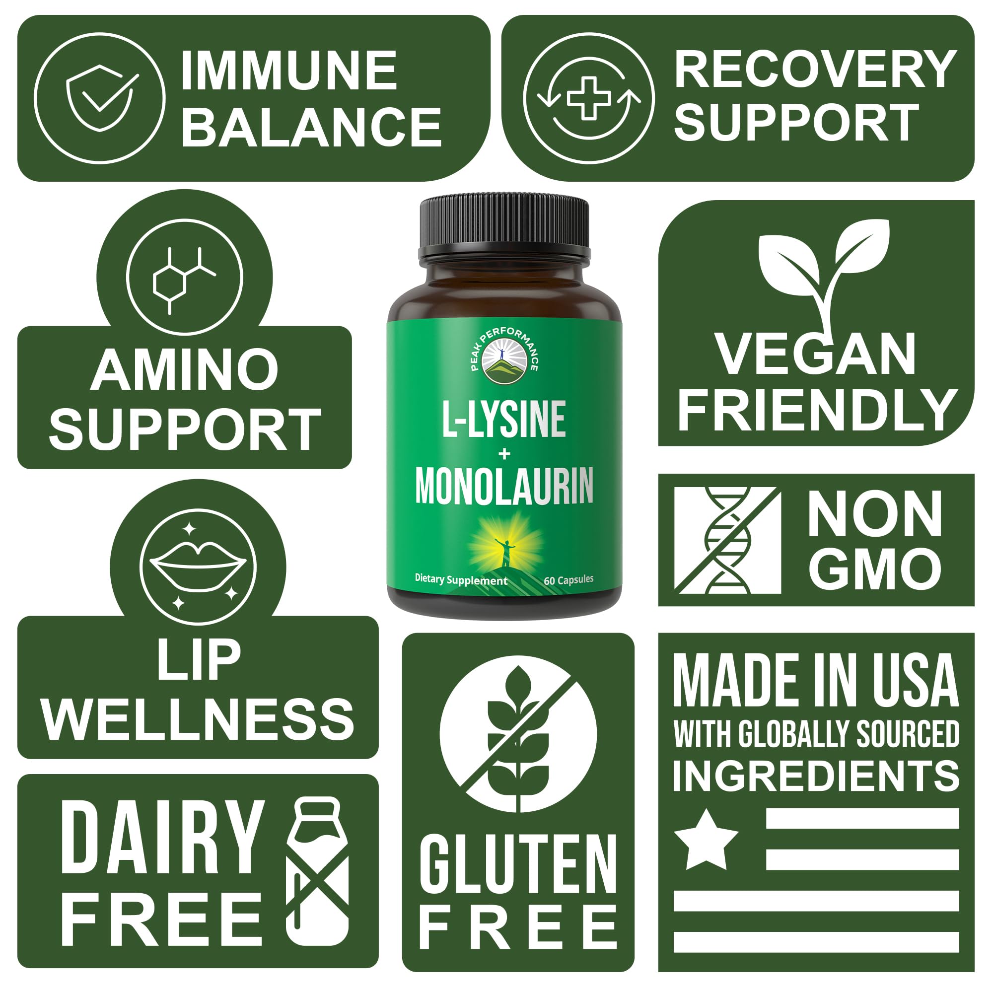Peak Performance L Lysine 1000mg + Monolaurin 500mg Supplement for Immune Support - High Potency L-Lysine for Lips, Skin, & Health - 2-in-1 Bioavailable Supplements for Men and Women - 60 Capsules Peak Performance Au supplements
